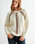 Cream Long Sleeve Mock Neck Embroidered Sweater