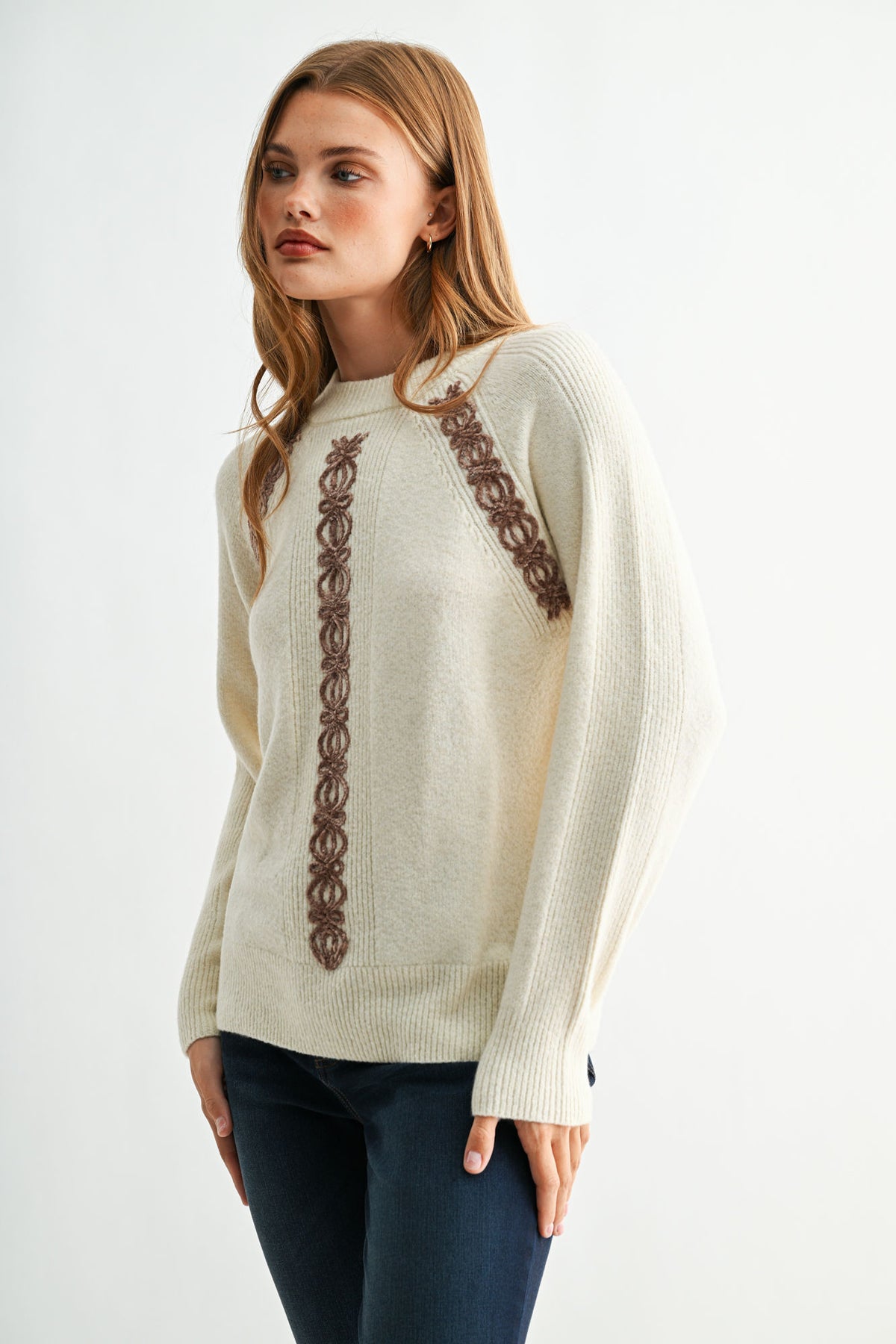 Cream Long Sleeve Mock Neck Embroidered Sweater