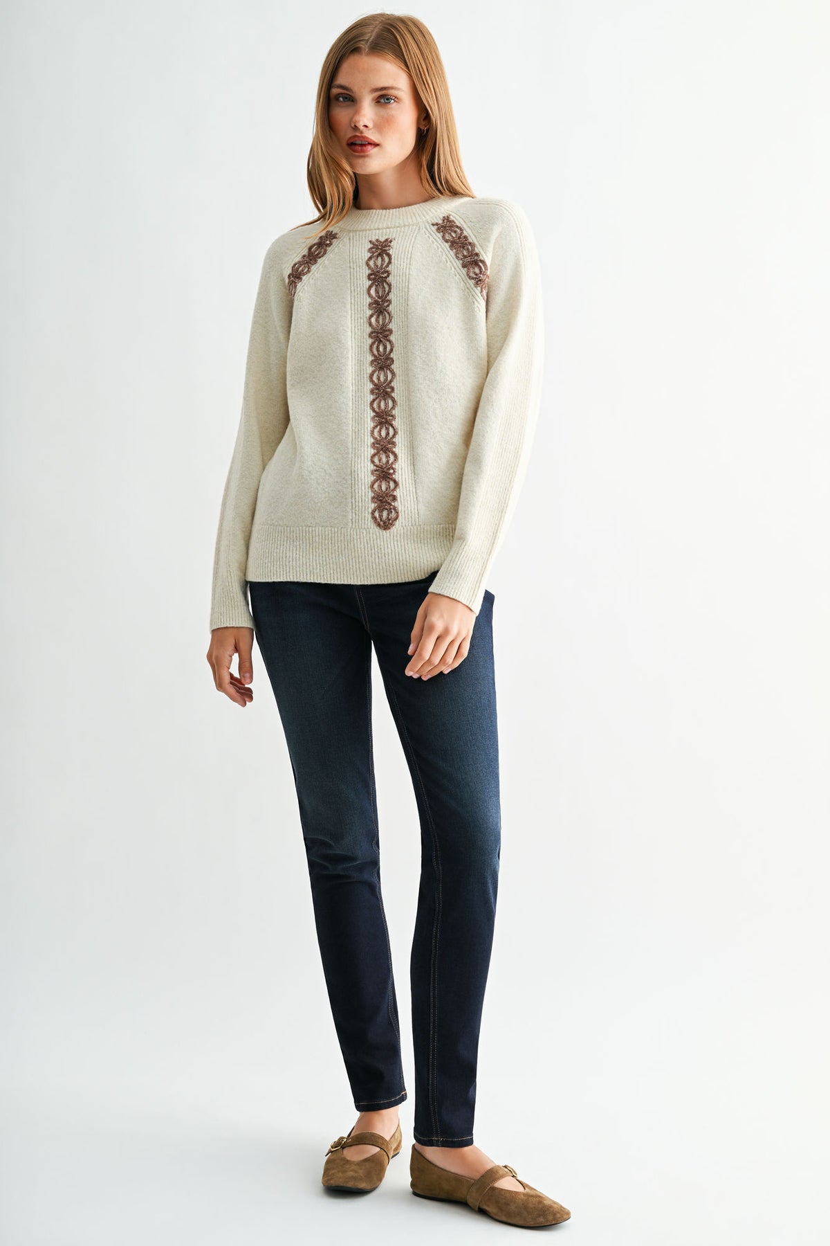 Cream Long Sleeve Mock Neck Embroidered Sweater