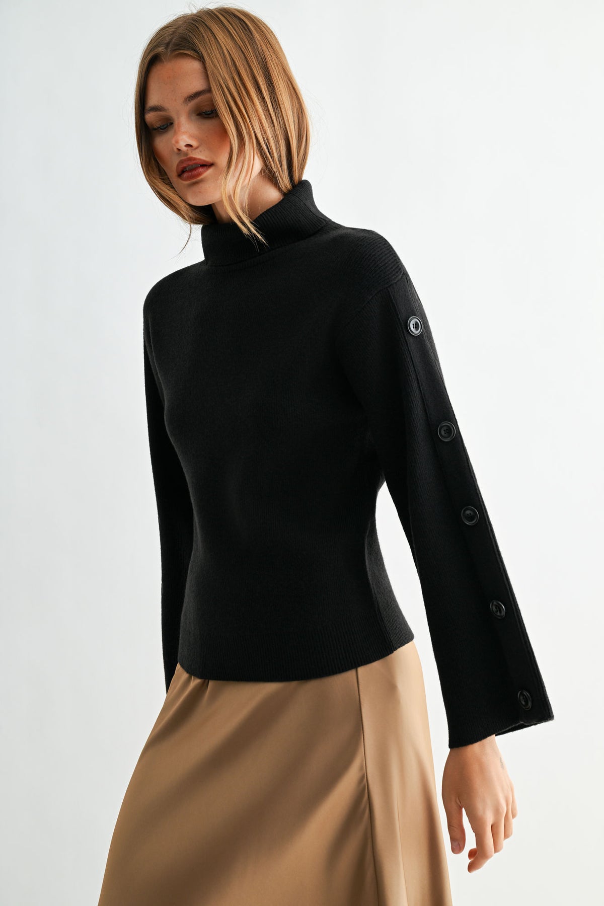 Black Long Sleeve Sweater with Button Detail