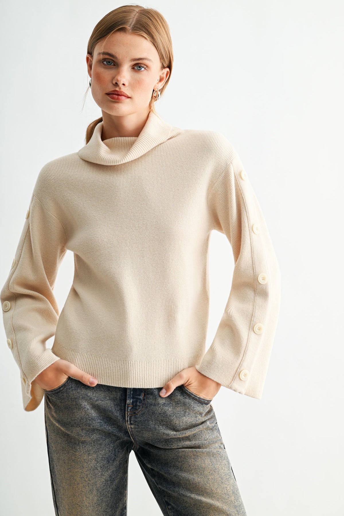 Buff Long Sleeve Sweater with Button Detail