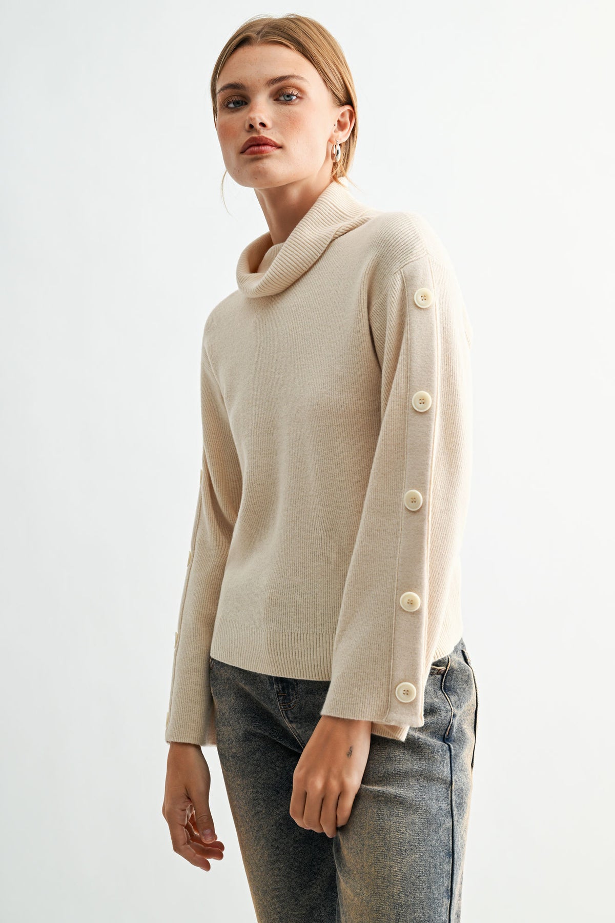 Buff Long Sleeve Sweater with Button Detail
