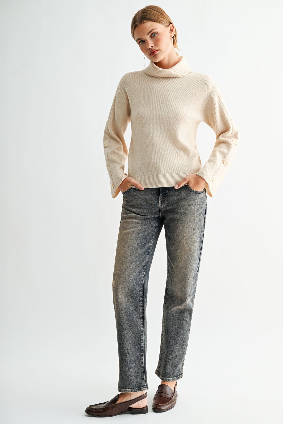 Buff Long Sleeve Sweater with Button Detail