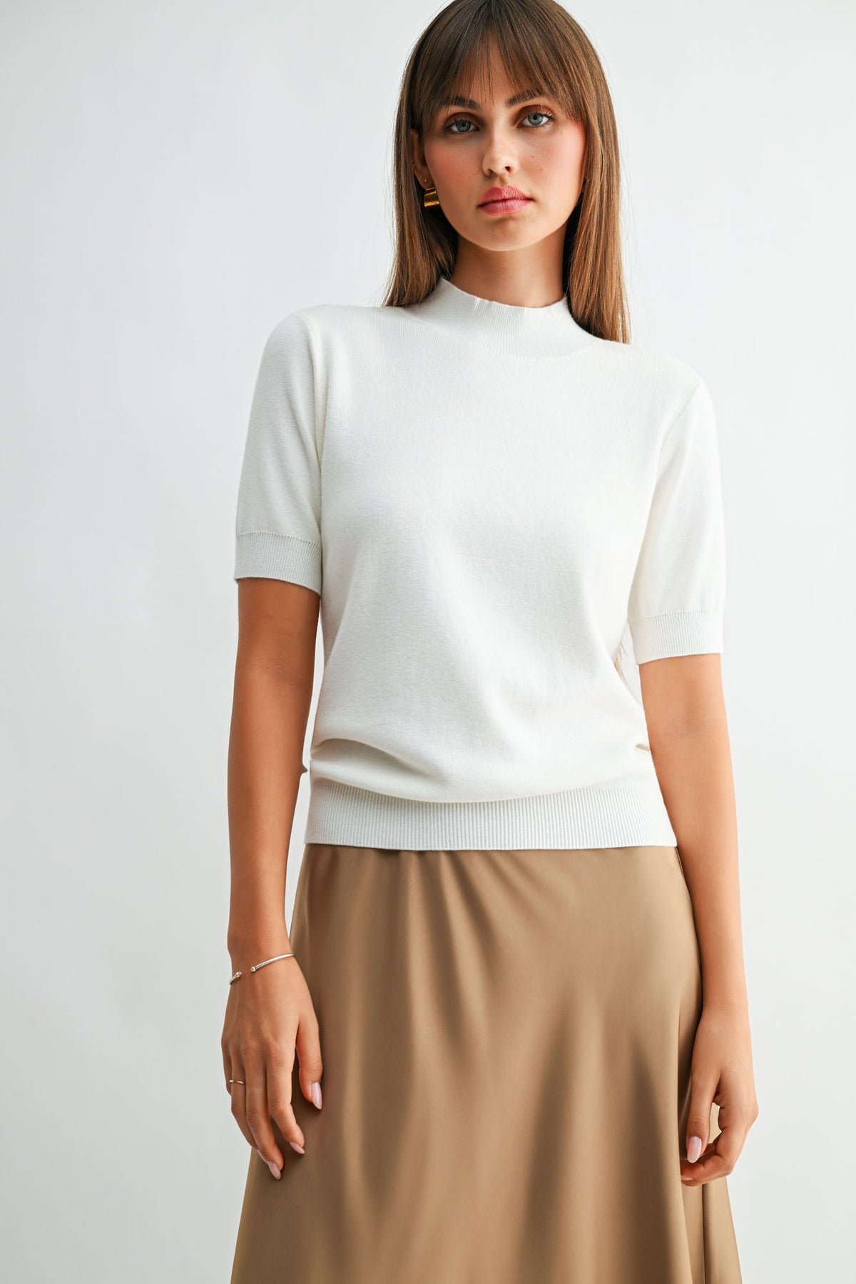 Cream Short Sleeve Mock Neck Sweater