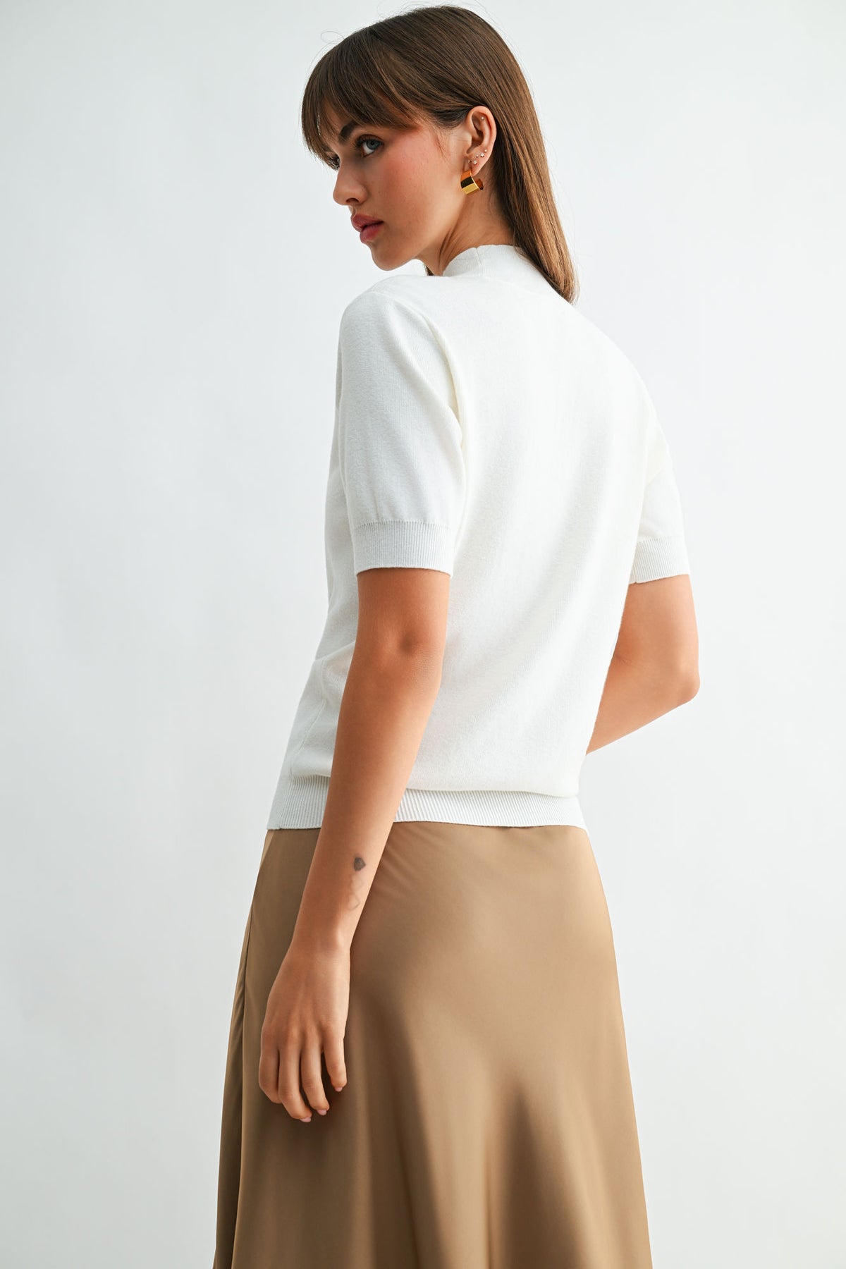 Cream Short Sleeve Mock Neck Sweater