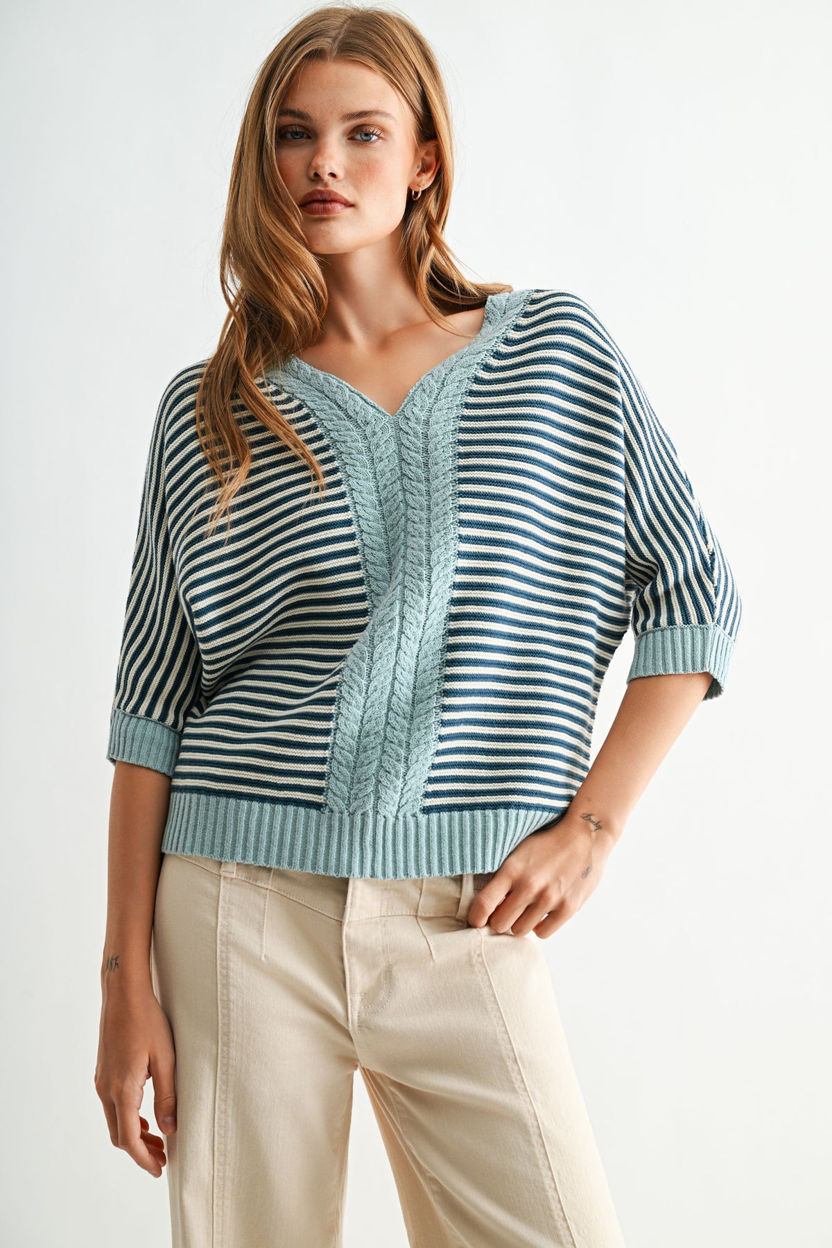 Baltic Skyway Stripe 3/4 Sleeve Dolman Sleeve Sweater
