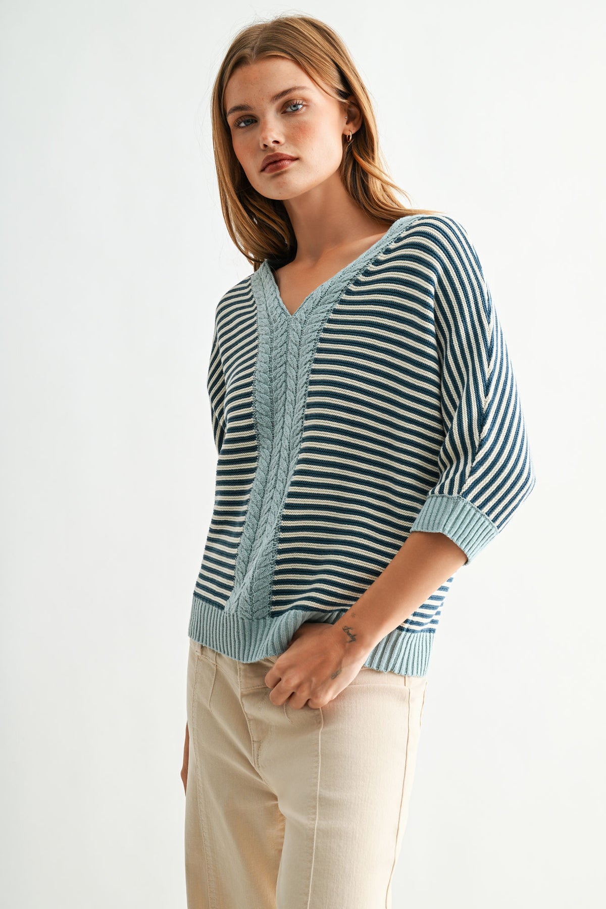 Baltic Skyway Stripe 3/4 Sleeve Dolman Sleeve Sweater