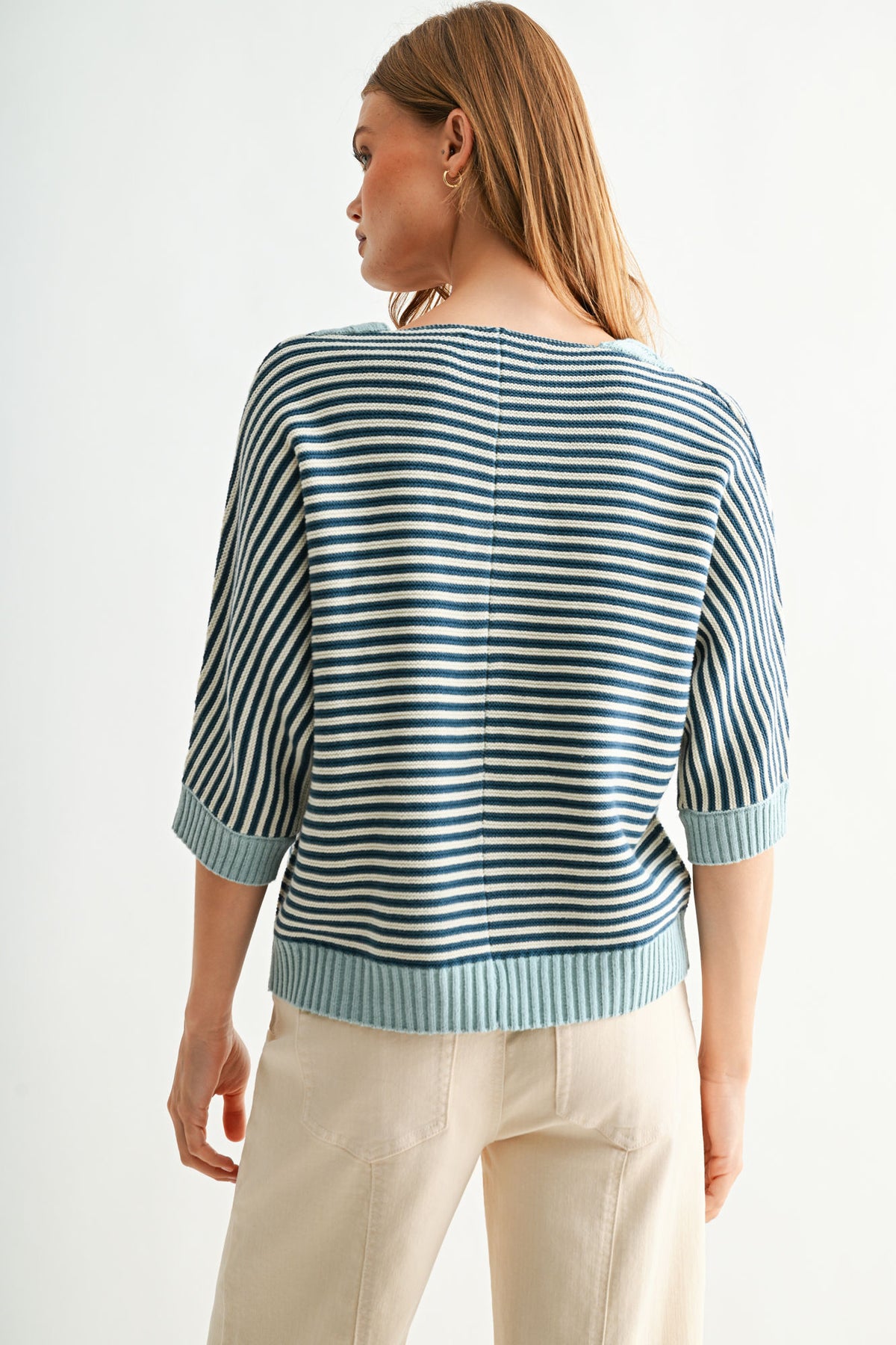 Baltic Skyway Stripe 3/4 Sleeve Dolman Sleeve Sweater