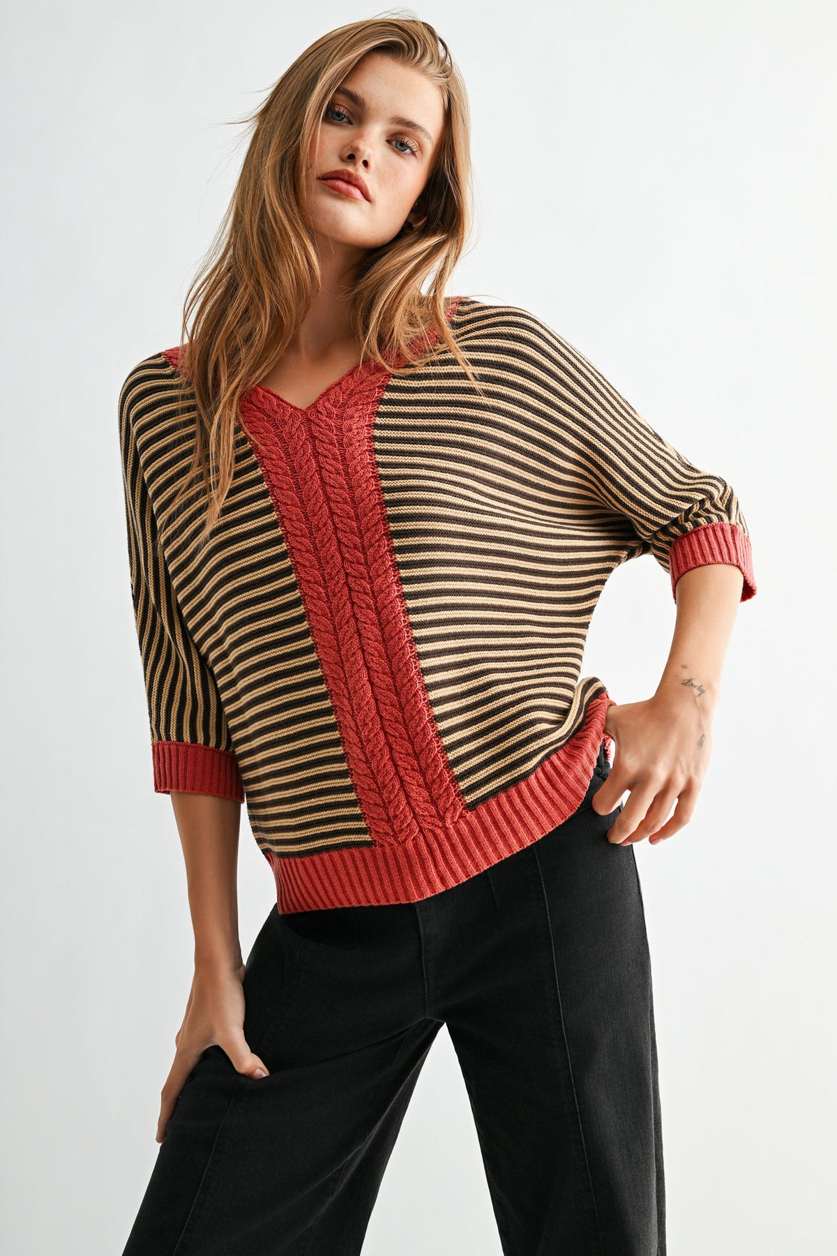 Fudge Burnt Rose Stripe 3/4 Sleeve Dolman Sleeve Sweater