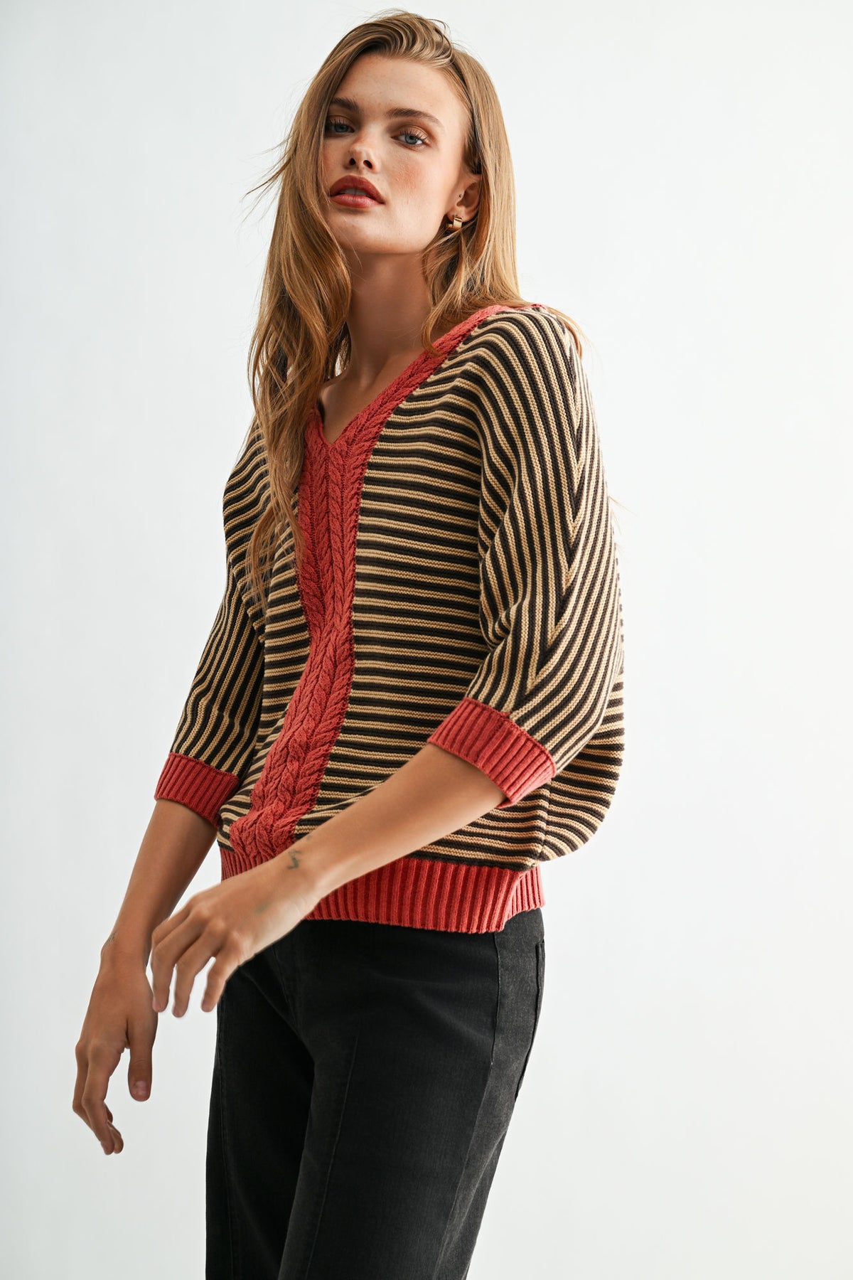 Fudge Burnt Rose Stripe 3/4 Sleeve Dolman Sleeve Sweater