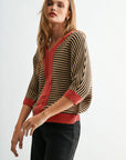 Fudge Burnt Rose Stripe 3/4 Sleeve Dolman Sleeve Sweater