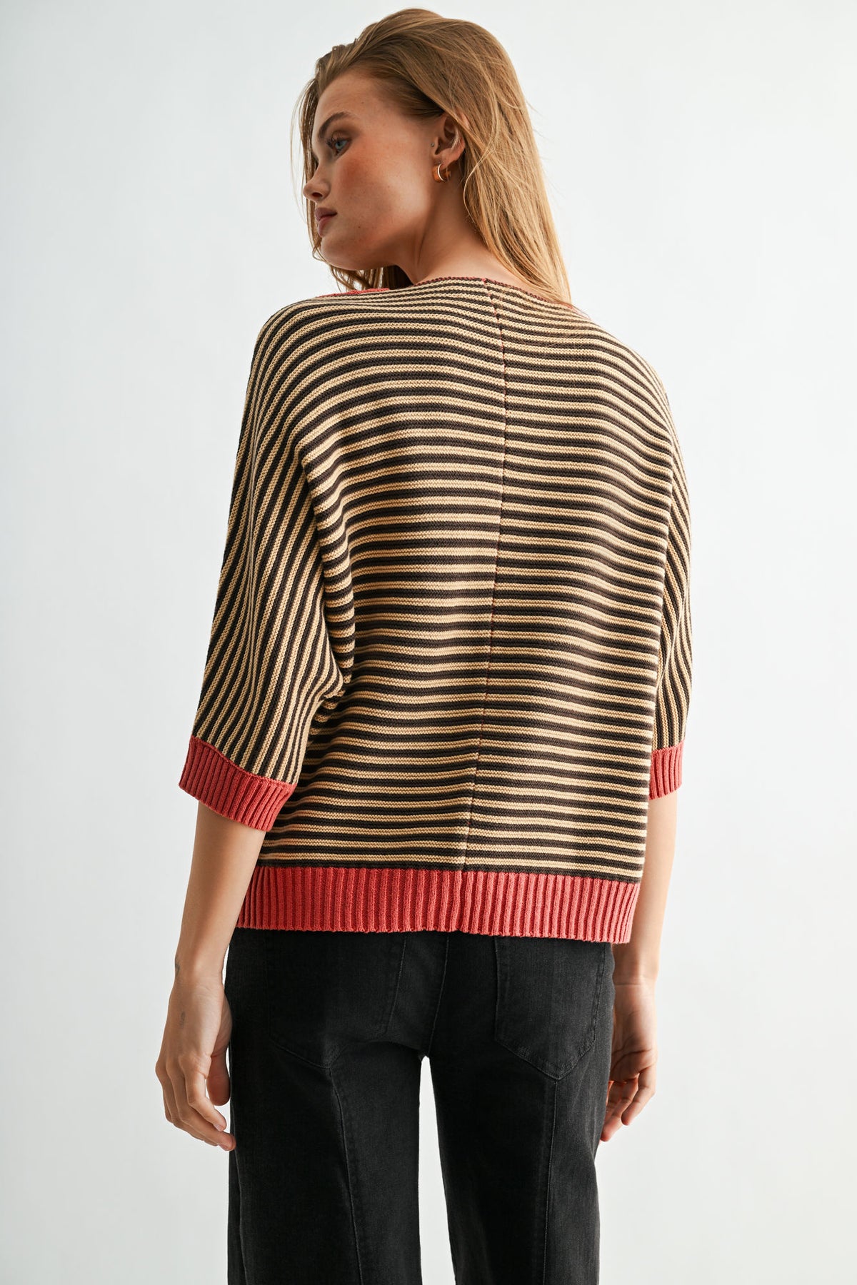 Fudge Burnt Rose Stripe 3/4 Sleeve Dolman Sleeve Sweater