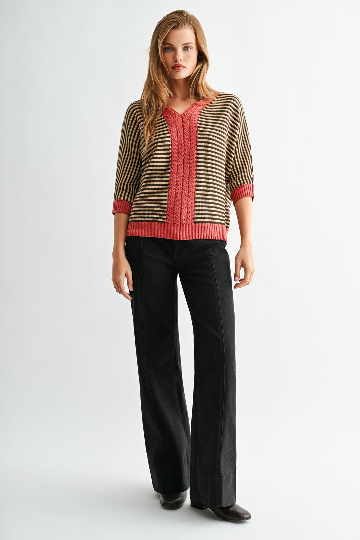 Fudge Burnt Rose Stripe 3/4 Sleeve Dolman Sleeve Sweater