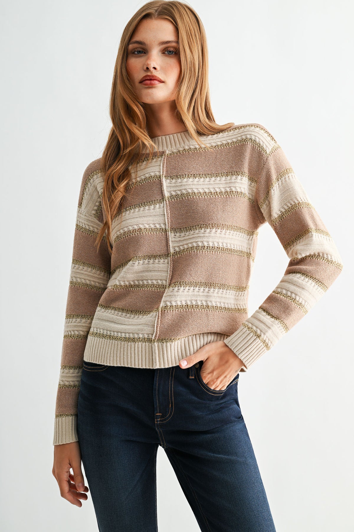 Dune Pumice Stripe Long Sleeve Stripe Lurex Sweater