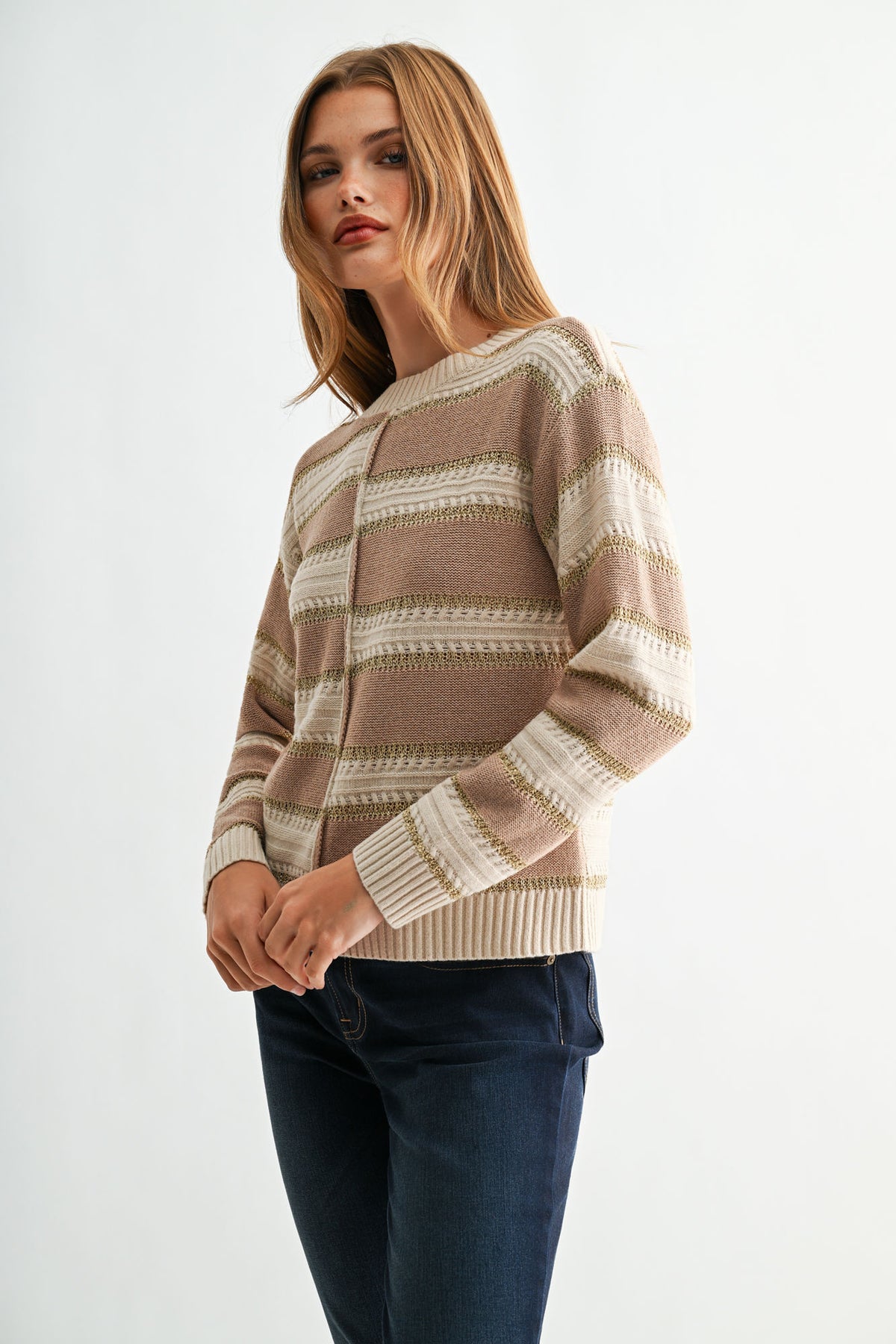 Dune Pumice Stripe Long Sleeve Stripe Lurex Sweater