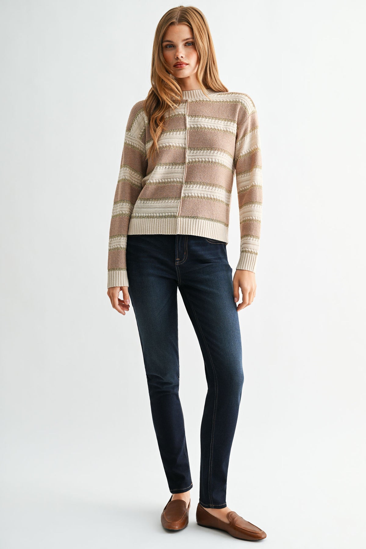 Dune Pumice Stripe Long Sleeve Stripe Lurex Sweater