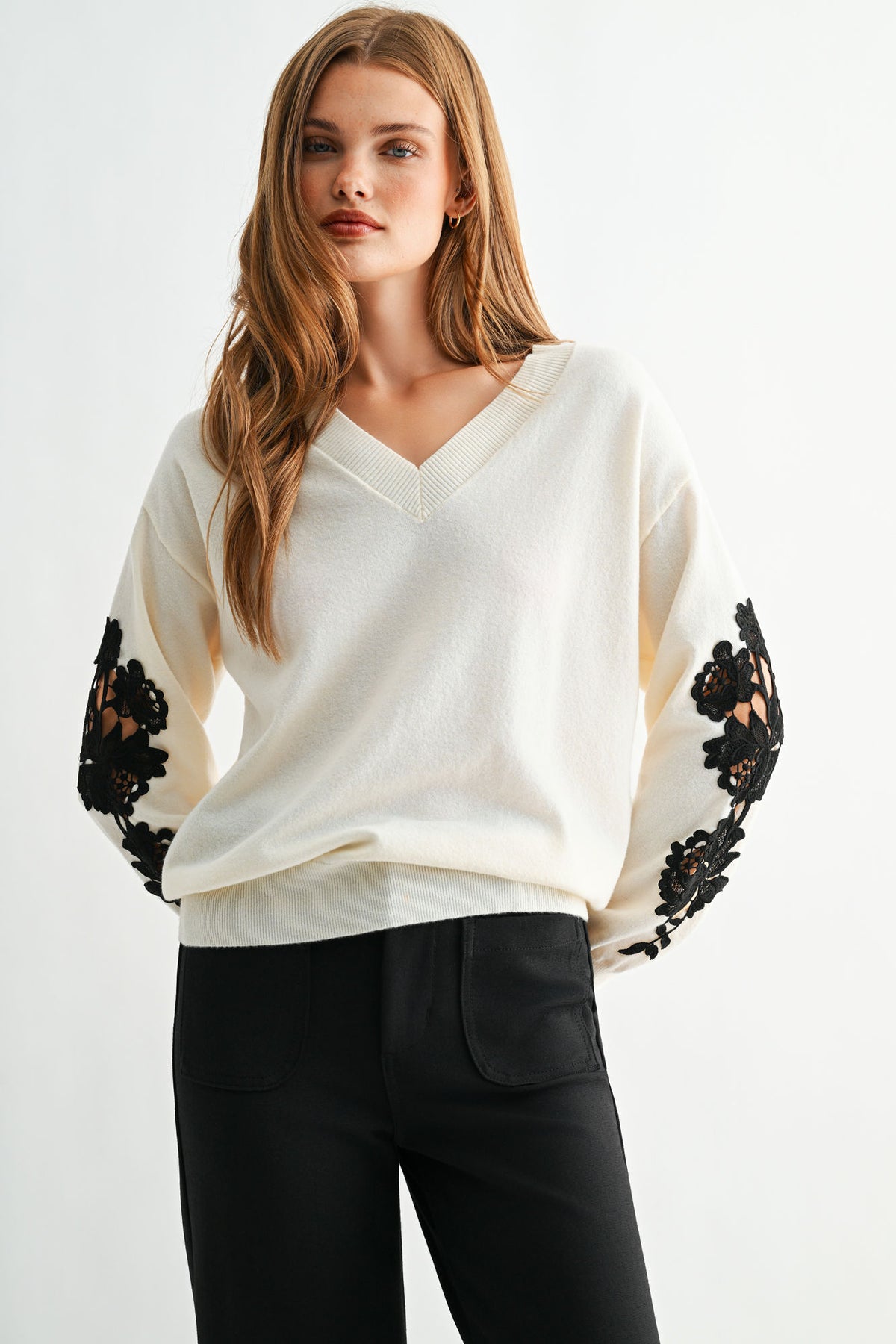 Cream Long Sleeve Applique Sweater