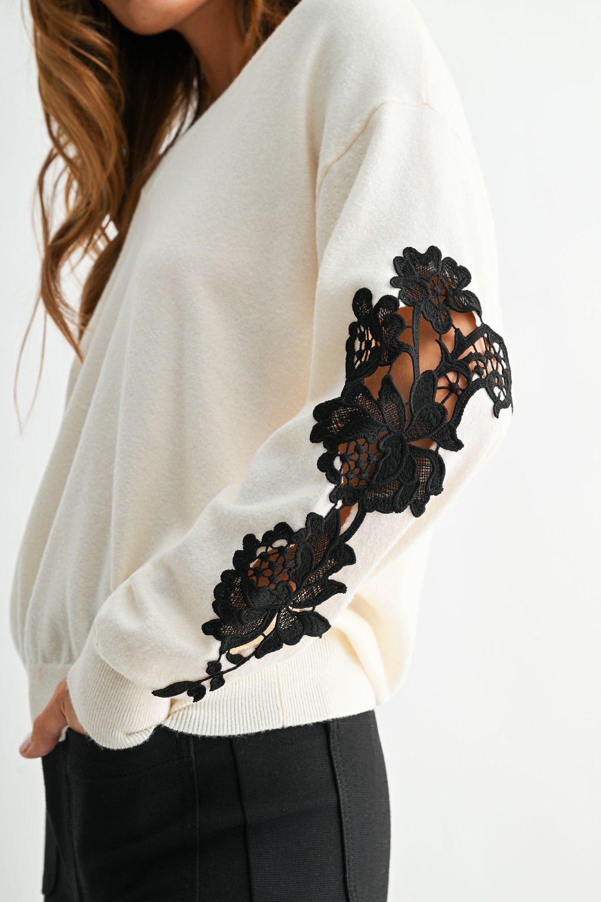 Cream Long Sleeve Applique Sweater
