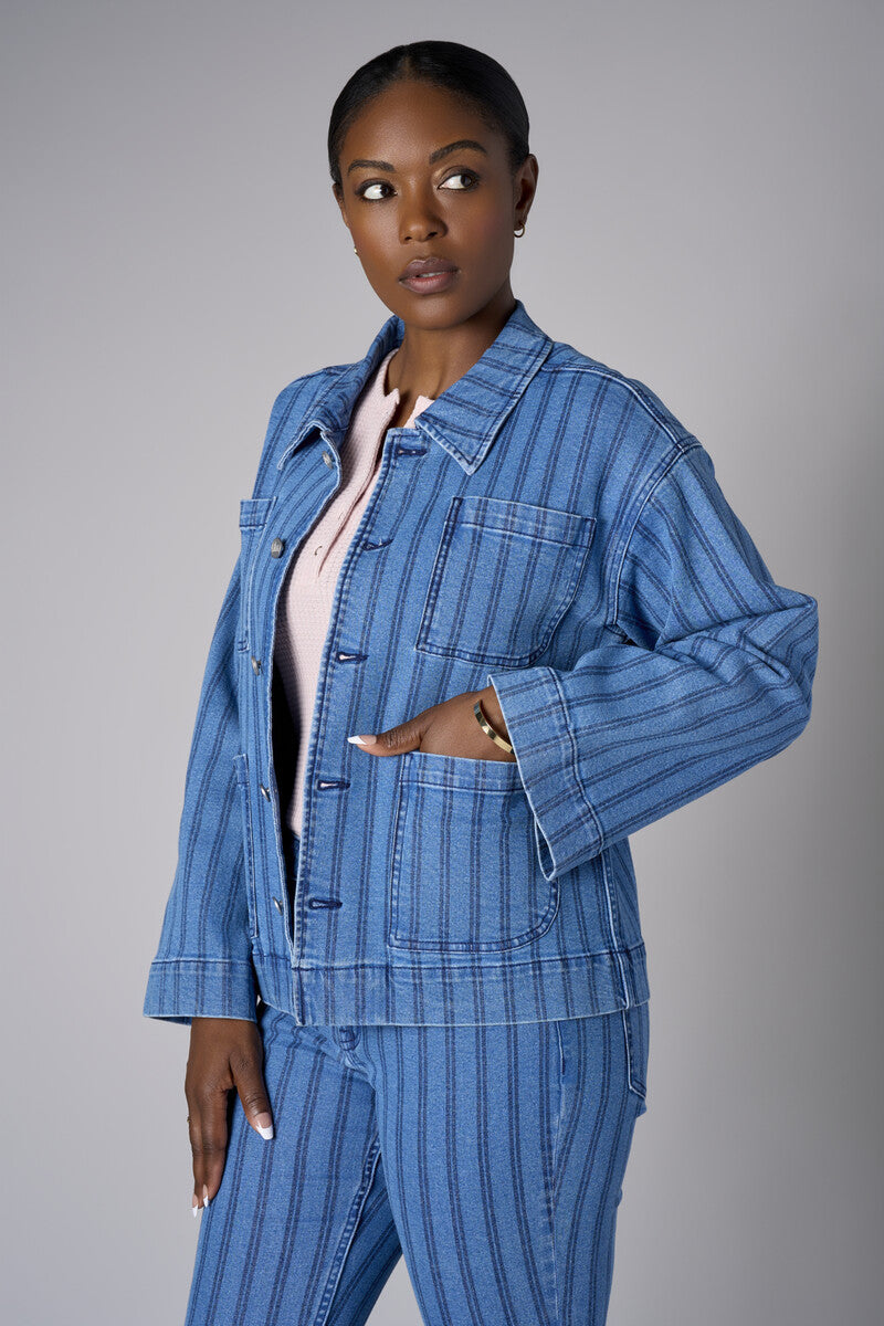 Showcase your personality with the Patch Pocket Denim Jacket in striking 'Indigo Stripe Denim'.