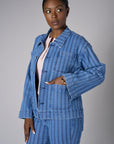 Showcase your personality with the Patch Pocket Denim Jacket in striking 'Indigo Stripe Denim'.