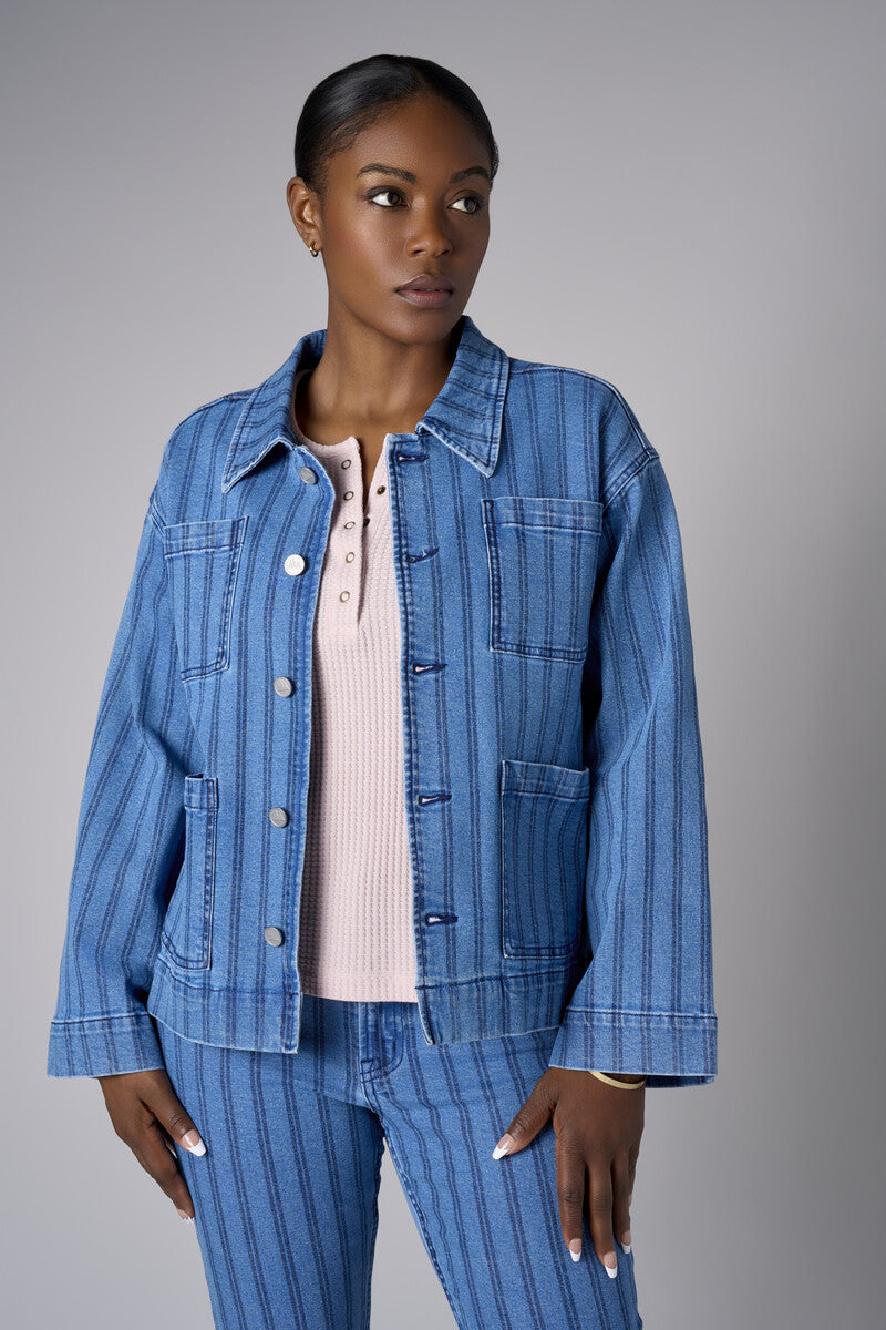 Showcase your personality with the Patch Pocket Denim Jacket in striking 'Indigo Stripe Denim'.