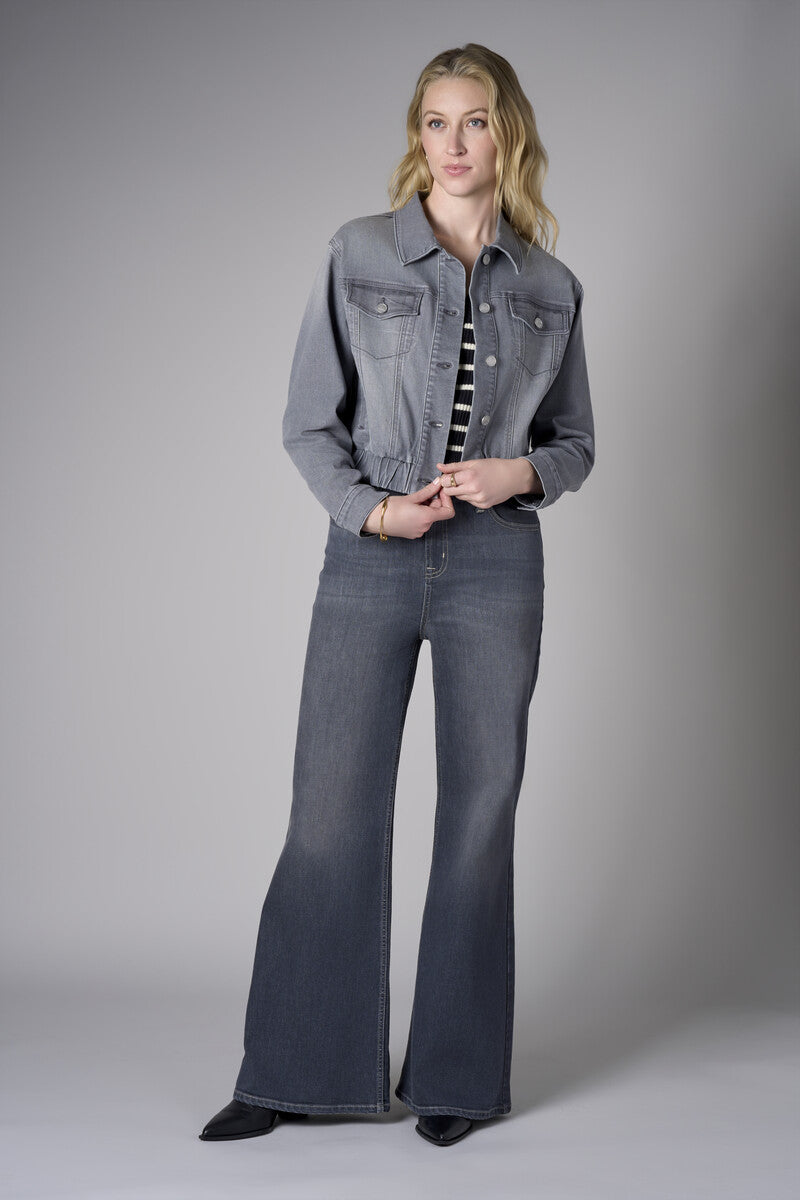 Redefine chic with the 'Gray Denim' Denim Bomber Jacket- Grey – the perfect finishing touch.