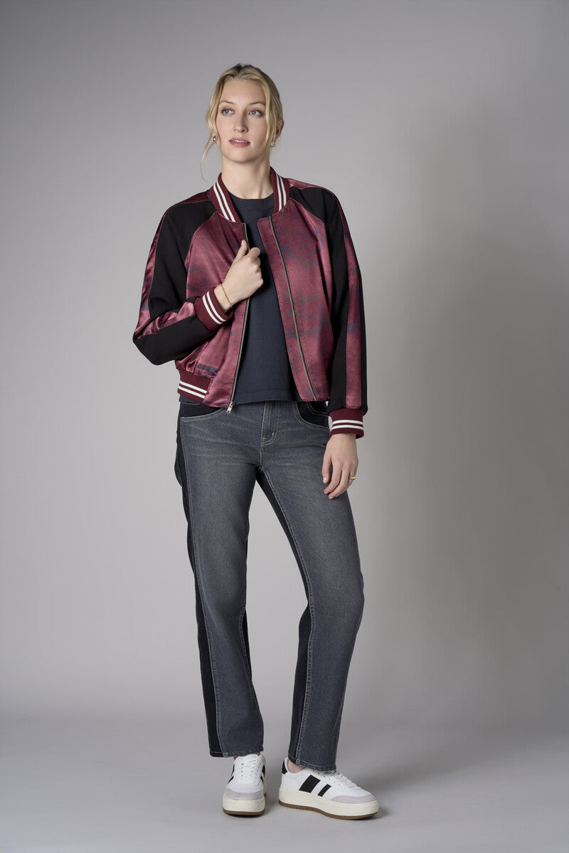 Merlot Multi Abstract Print Color Blocked Satin Bomber Jacket