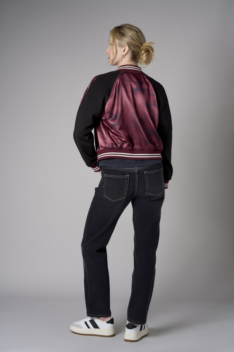 Merlot Multi Abstract Print Color Blocked Satin Bomber Jacket