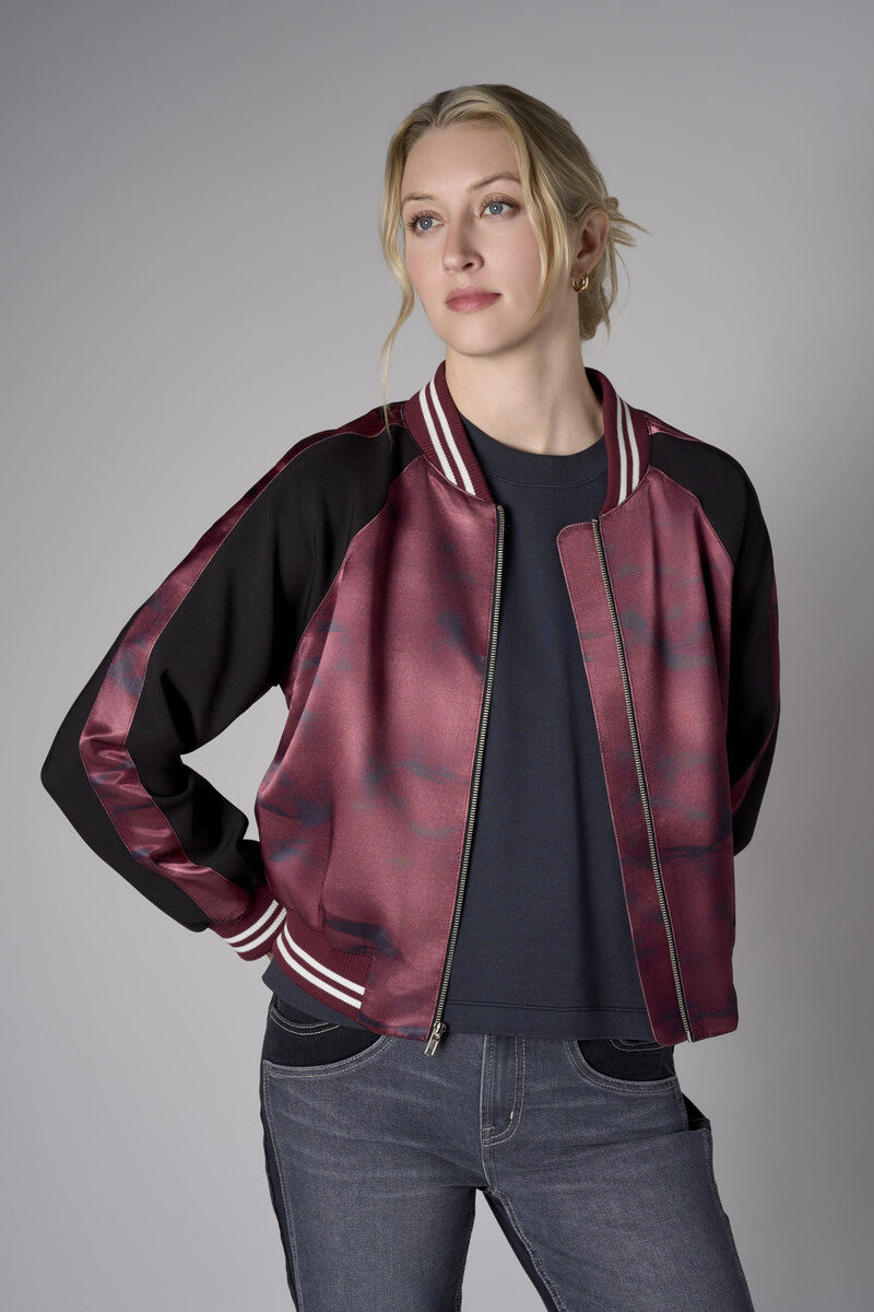 Merlot Multi Abstract Print Color Blocked Satin Bomber Jacket