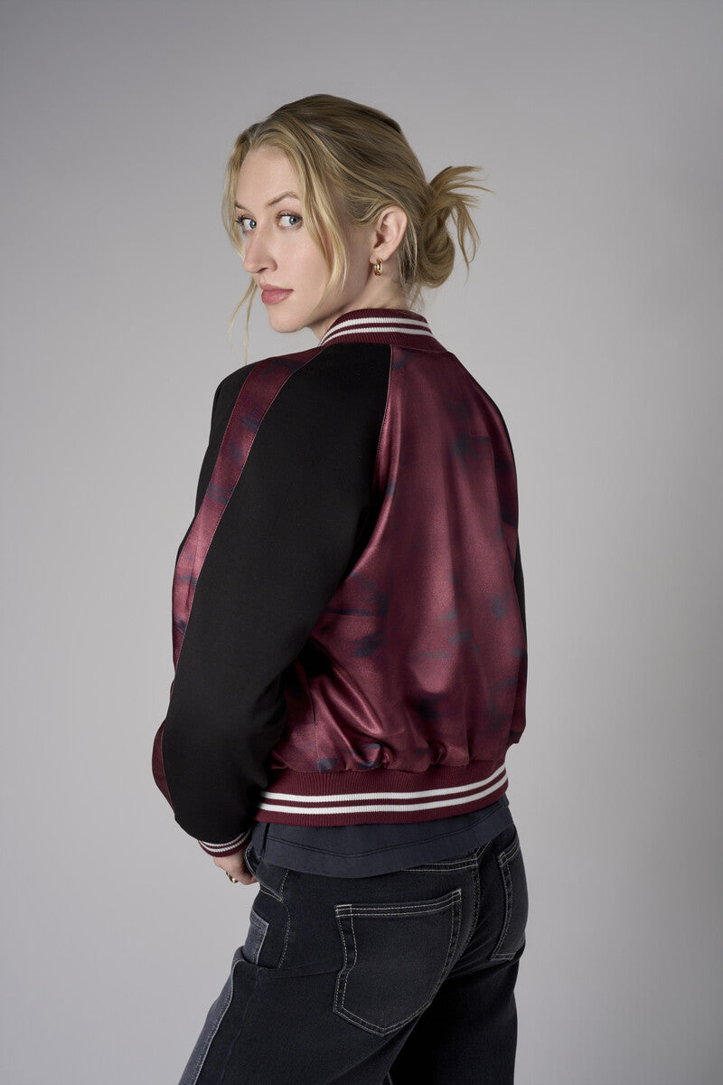 Merlot Multi Abstract Print Color Blocked Satin Bomber Jacket