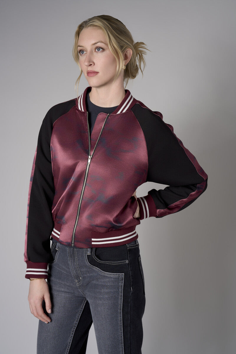 Merlot Multi Abstract Print Color Blocked Satin Bomber Jacket