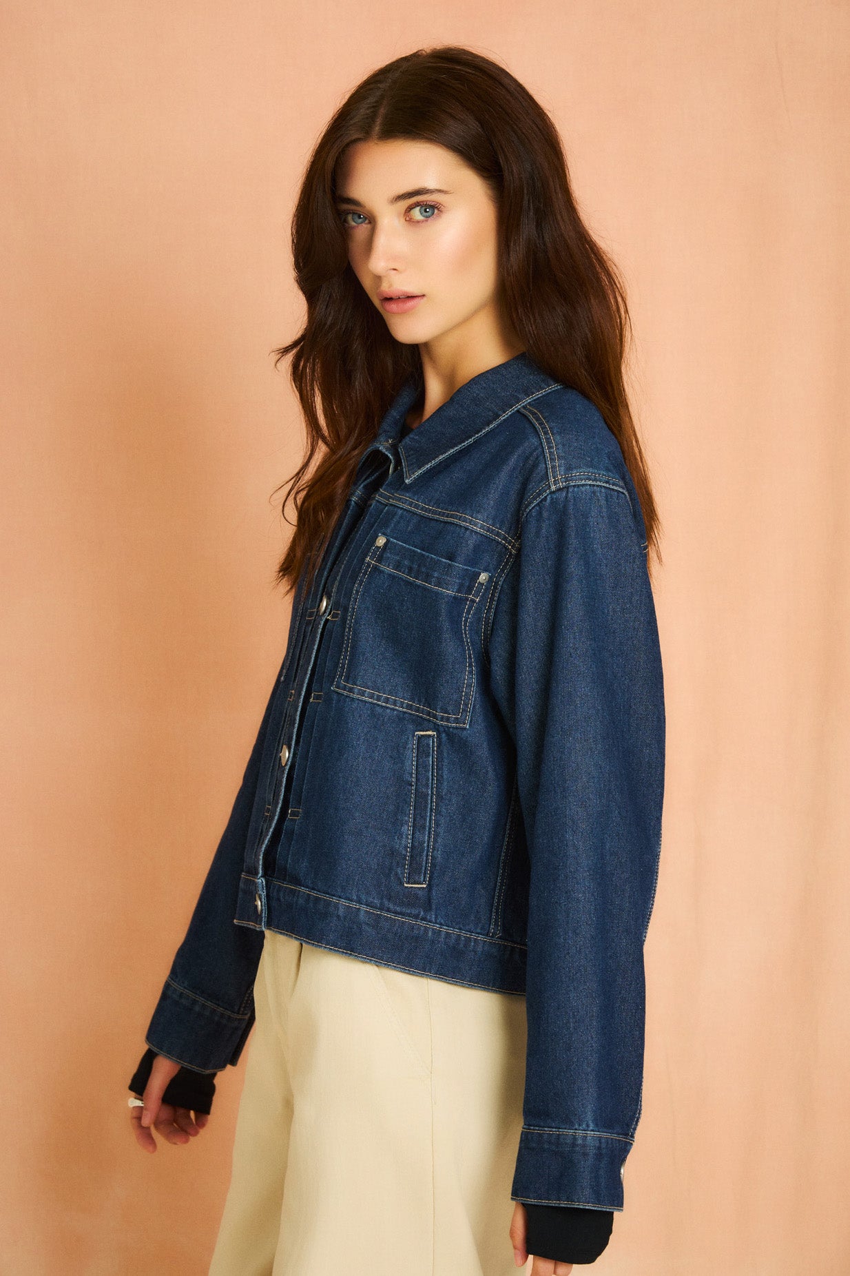 Indigo Pleated Front Denim Jacket