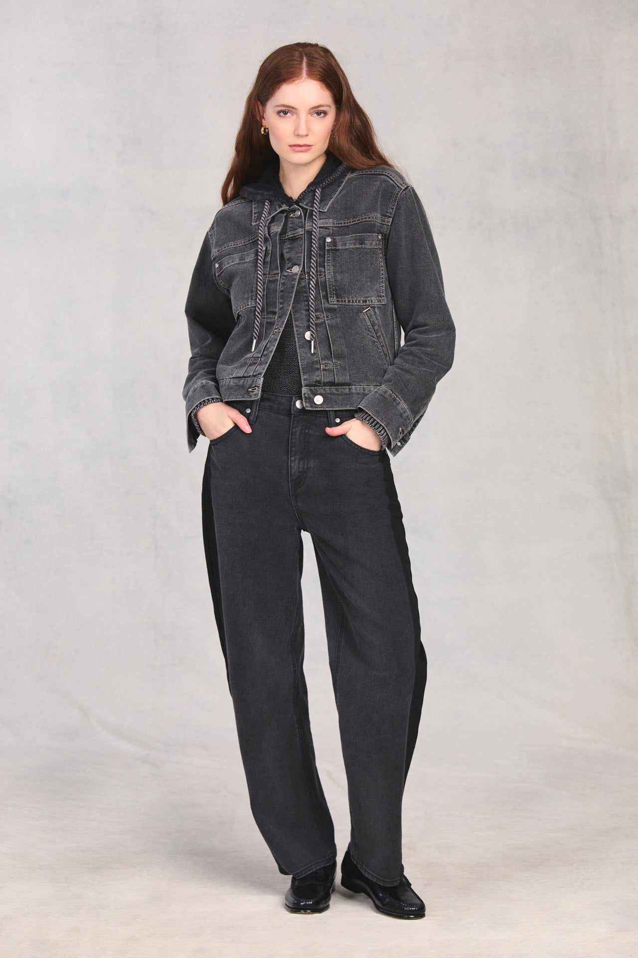 Black Pleated Front Denim Jacket