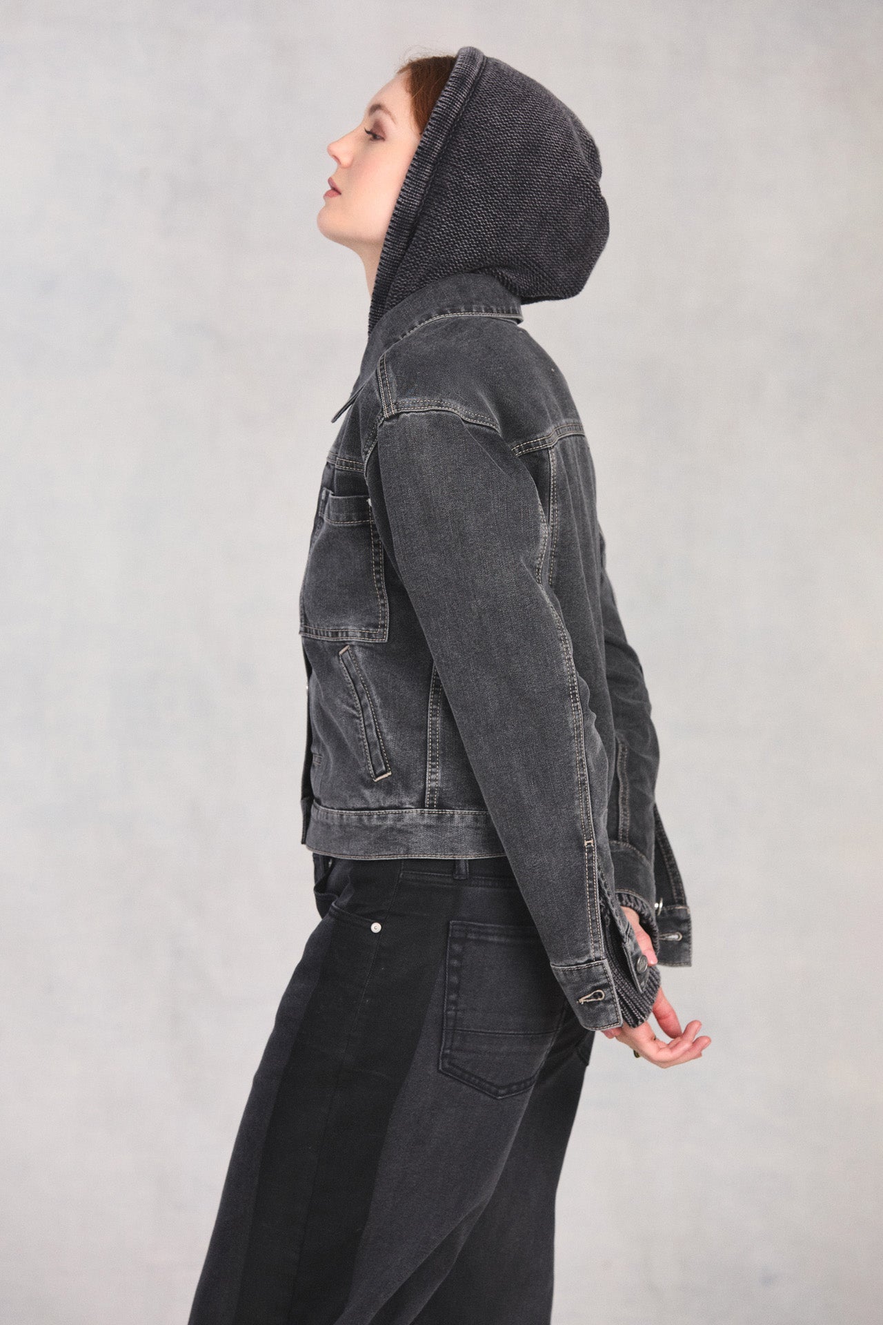 Black Pleated Front Denim Jacket