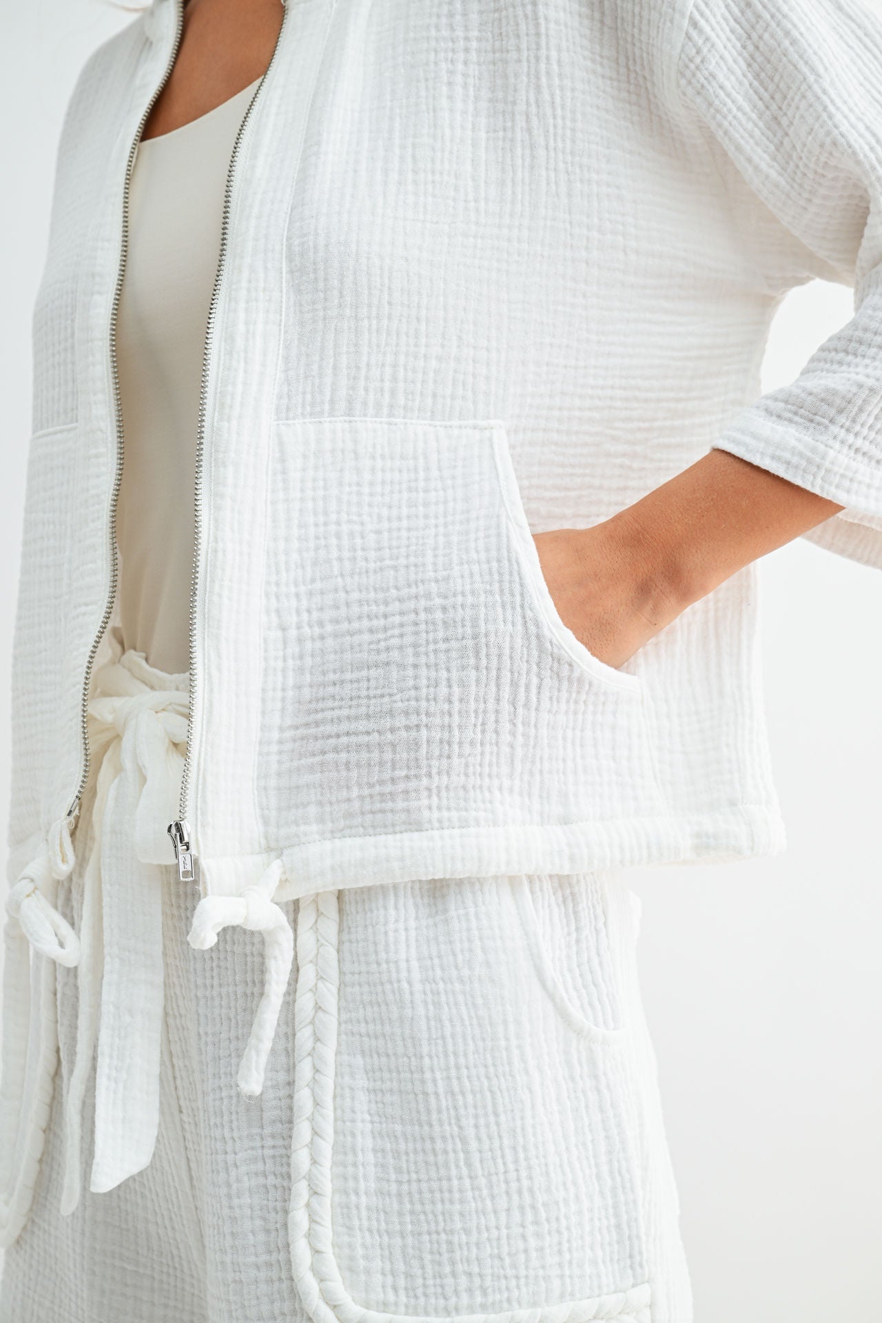 White Zip Front Braided Jacket