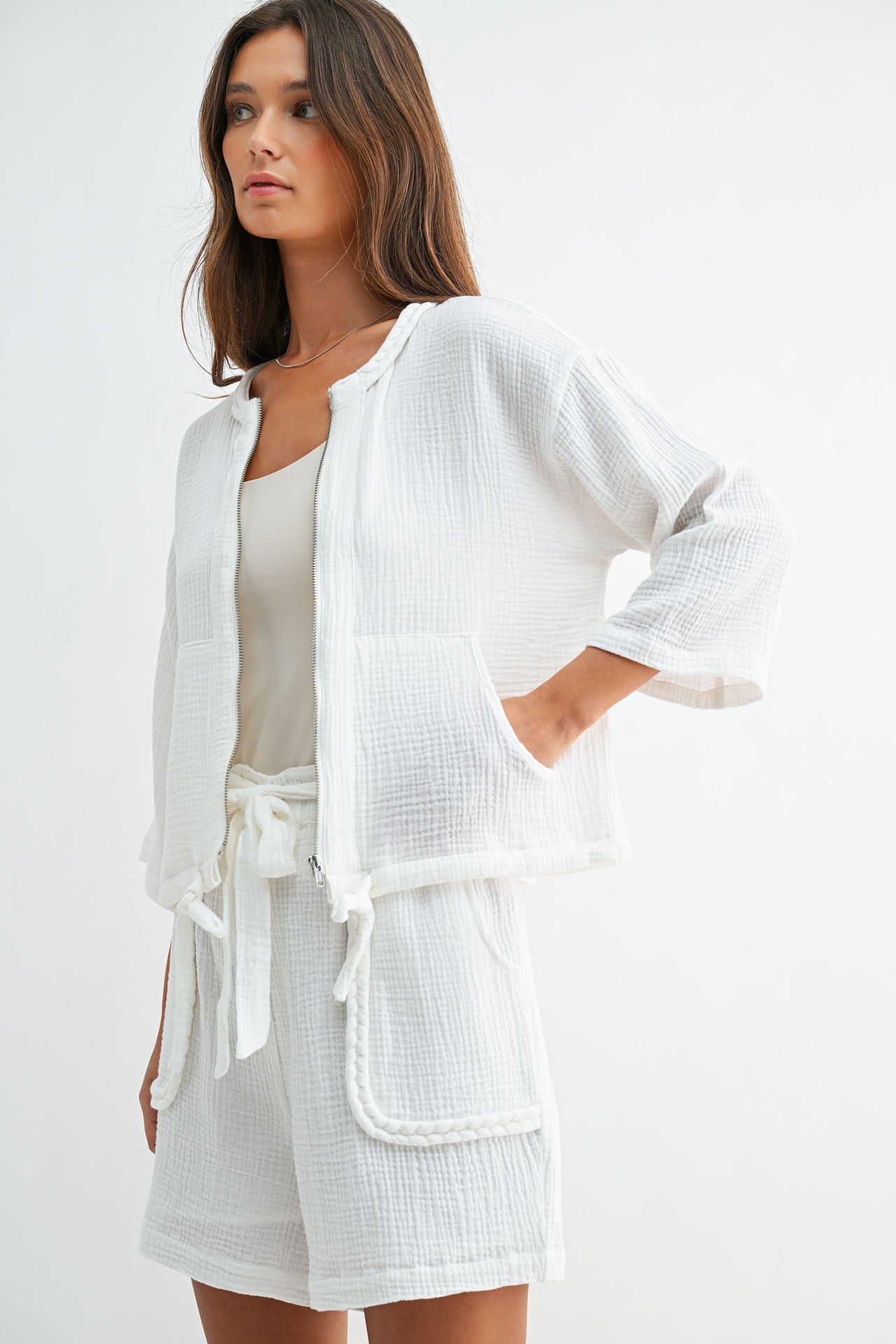 White Zip Front Braided Jacket