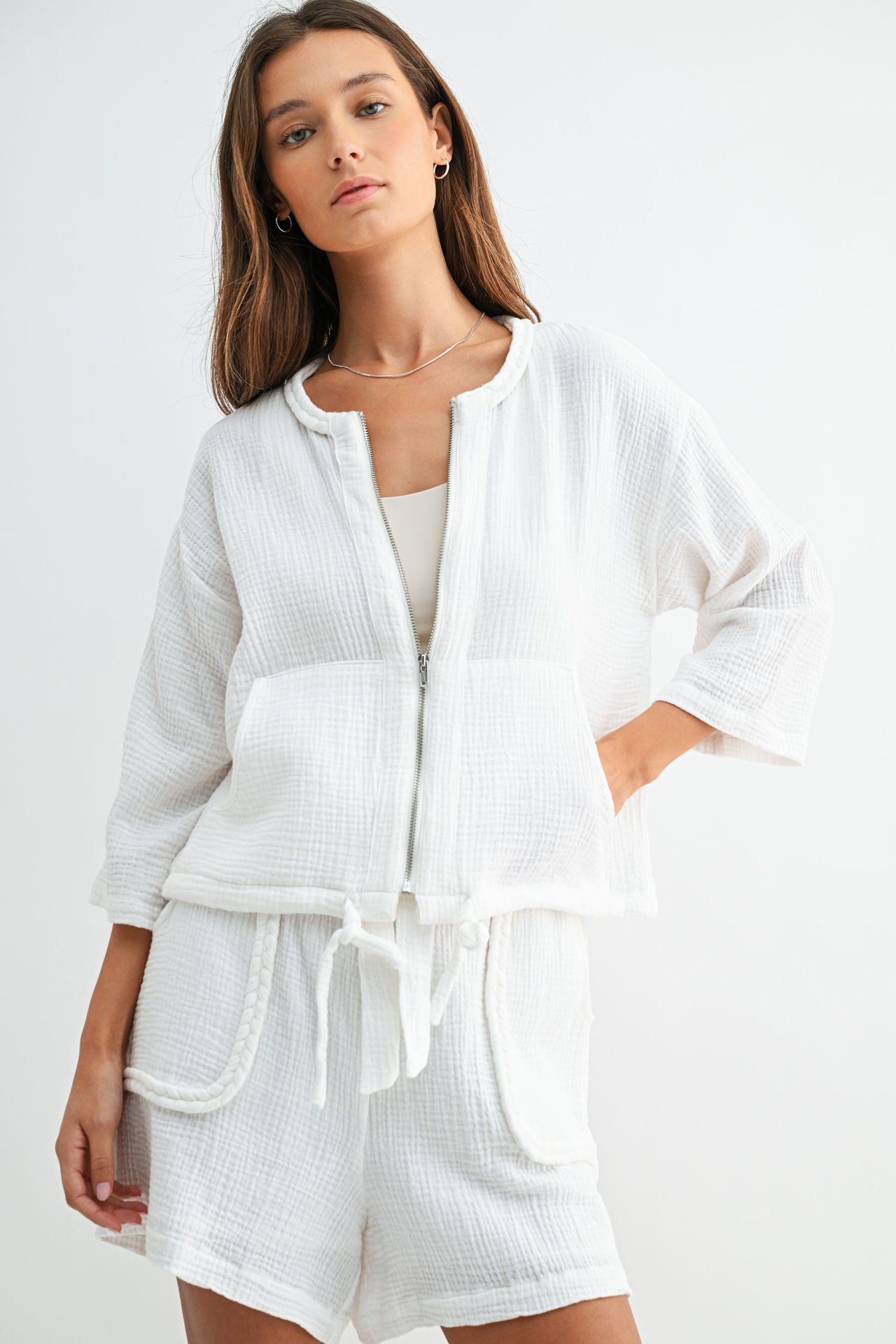 White Zip Front Braided Jacket