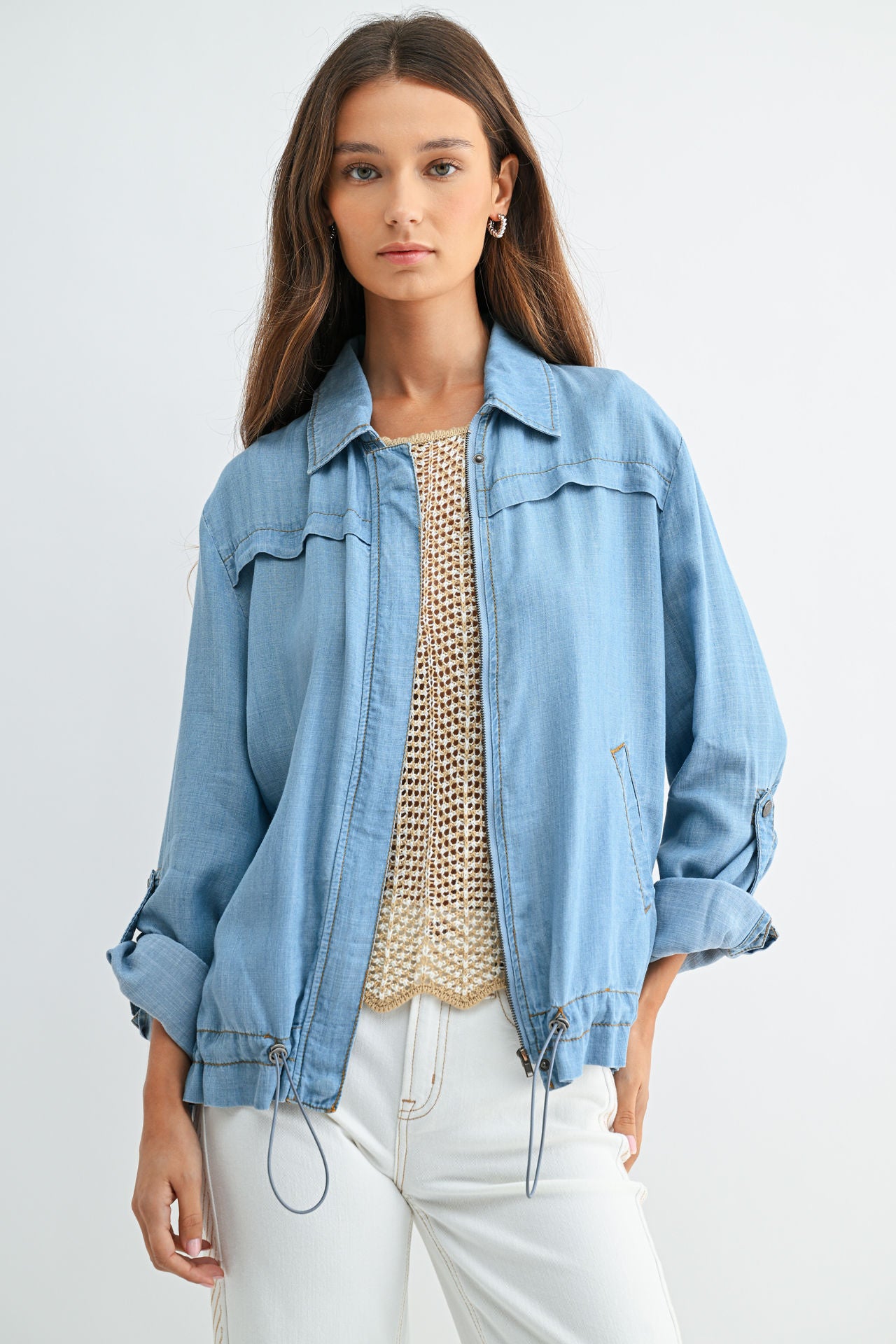 Light Indigo Denim Zip Front Shirt Jacket