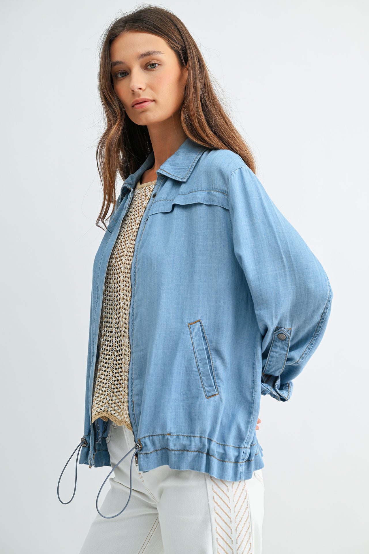 Light Indigo Denim Zip Front Shirt Jacket