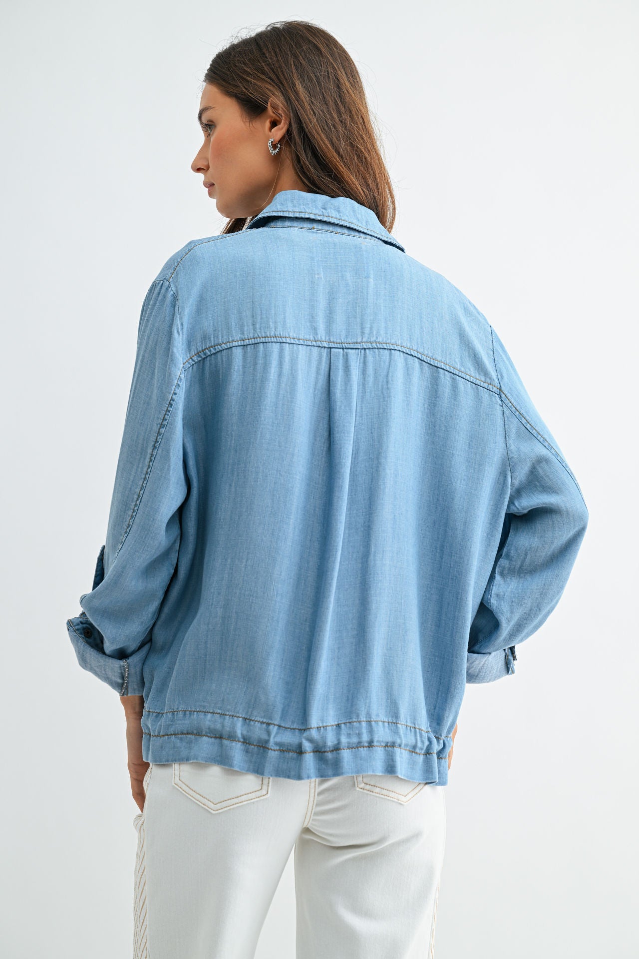Light Indigo Denim Zip Front Shirt Jacket