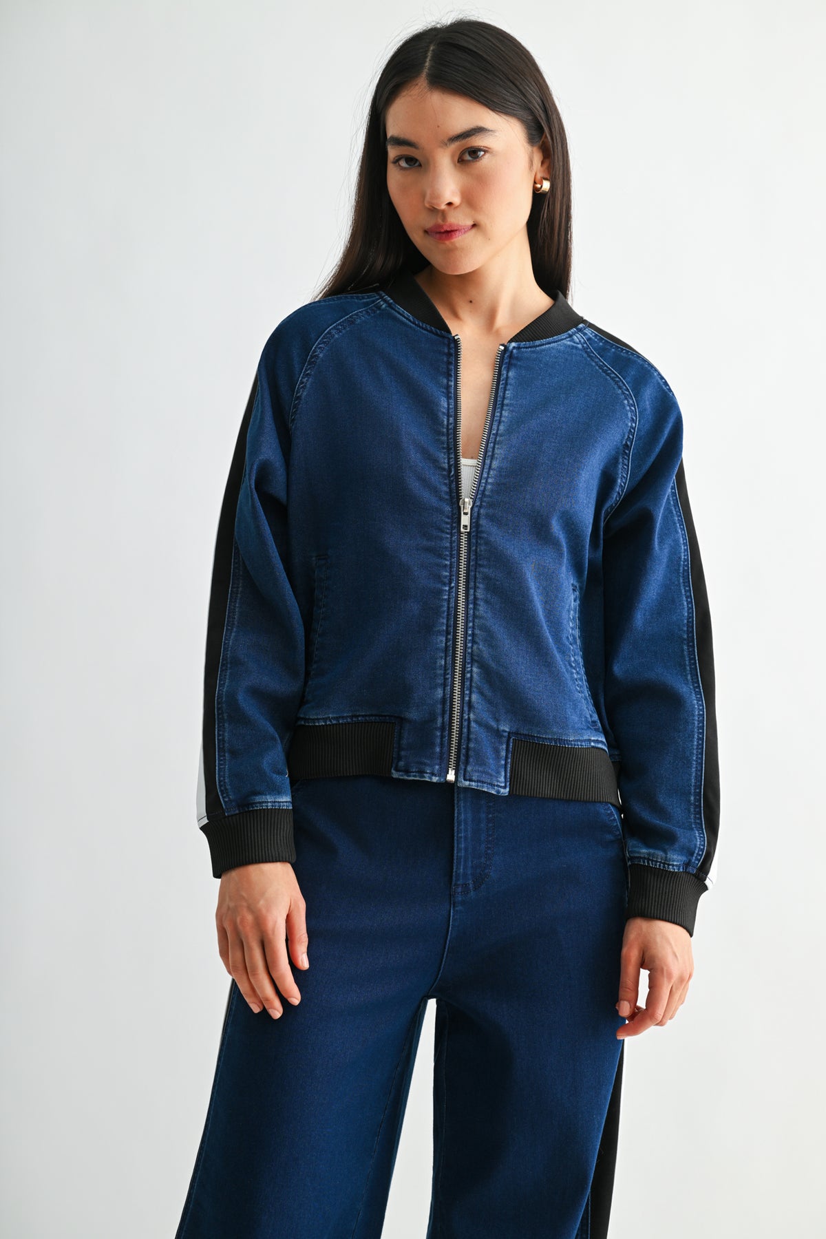 Indigo Petite Athletic Striped Denim Jacket