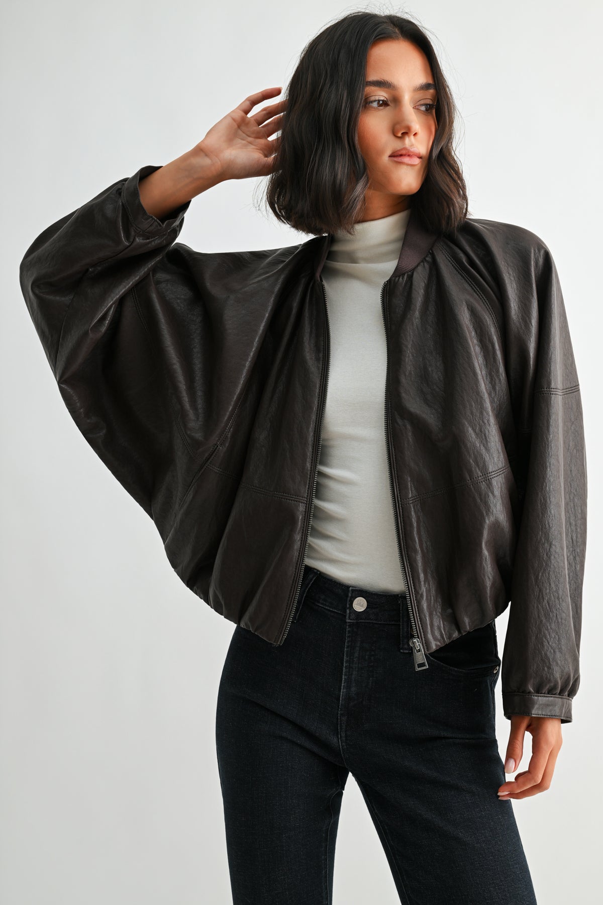 Brown Faux Leather Zip Up Dolman Jacket