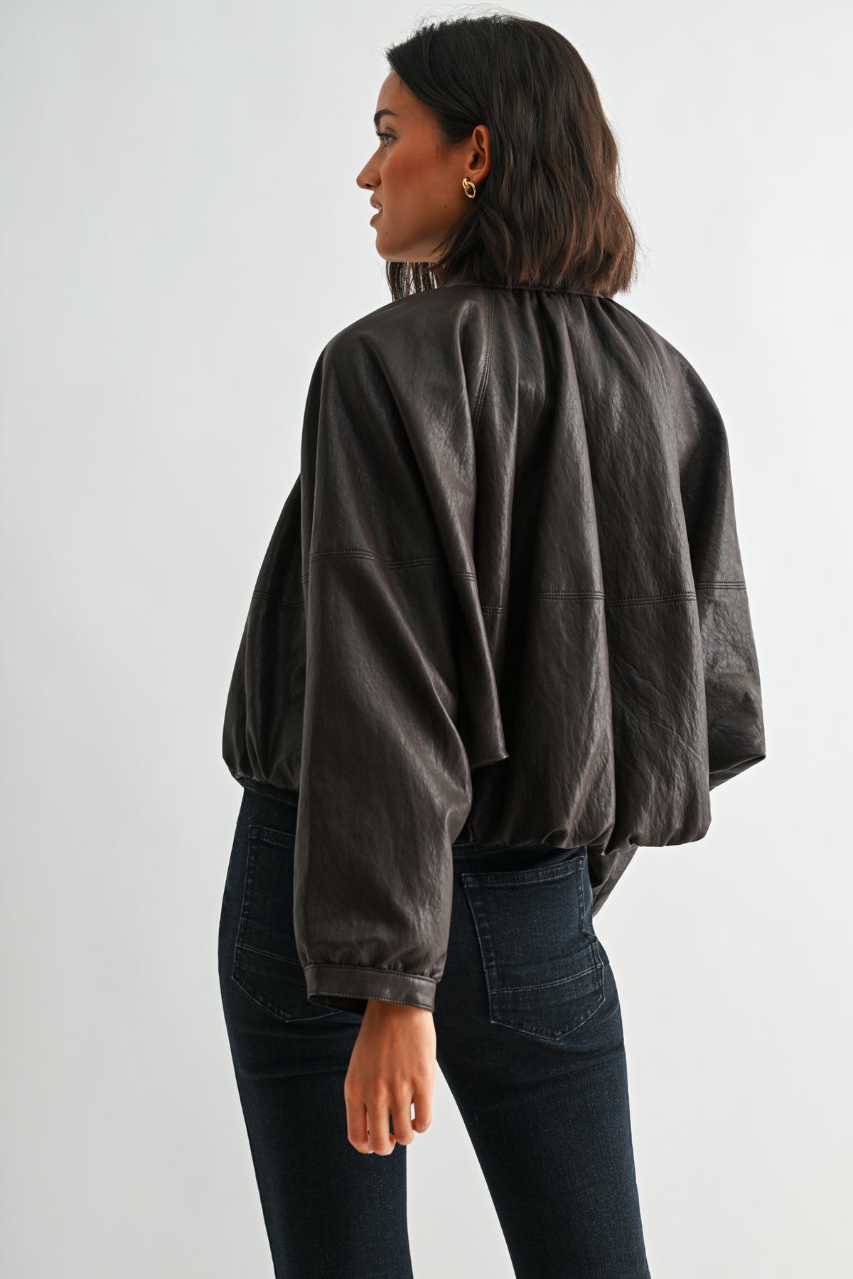 Brown Faux Leather Zip Up Dolman Jacket