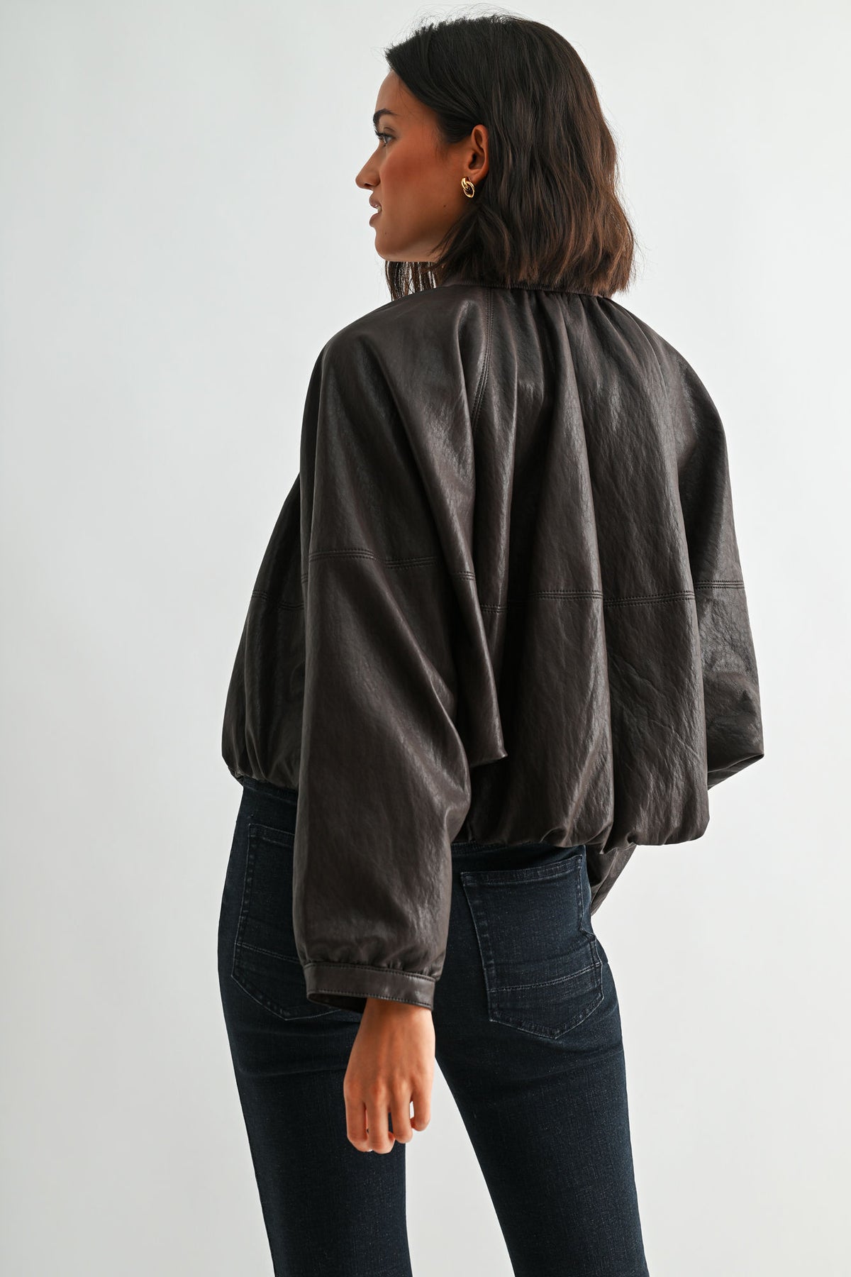 Brown Faux Leather Zip Up Dolman Jacket