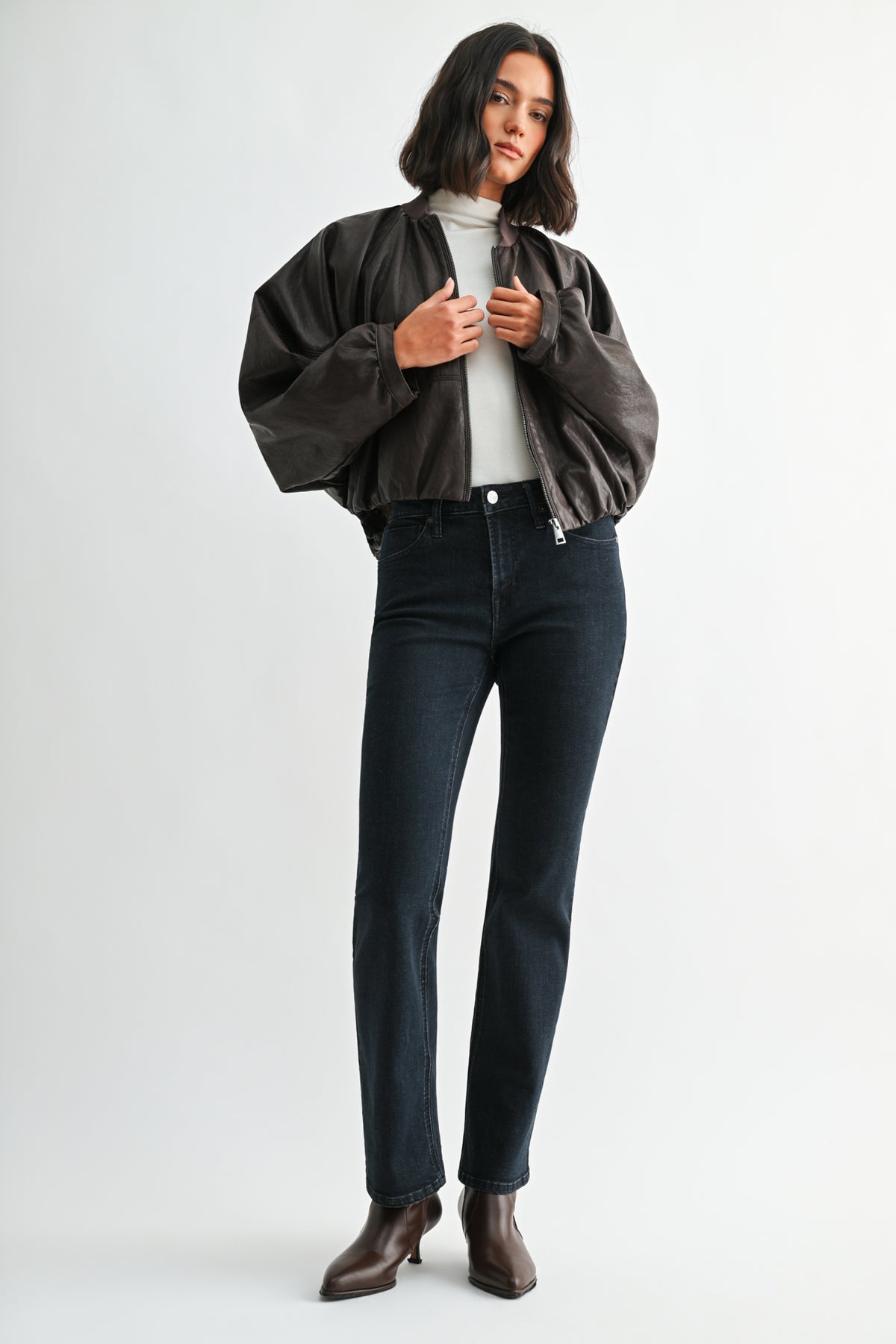 Brown Faux Leather Zip Up Dolman Jacket