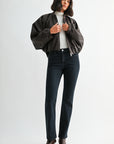 Brown Faux Leather Zip Up Dolman Jacket