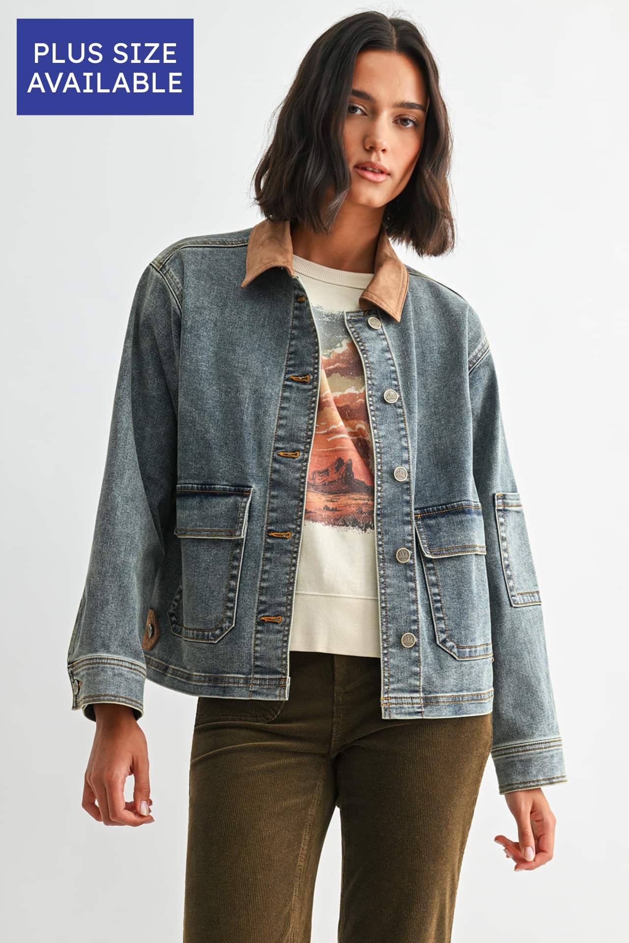 Indigo Plus-Size Denim Shacket with Suede Collar