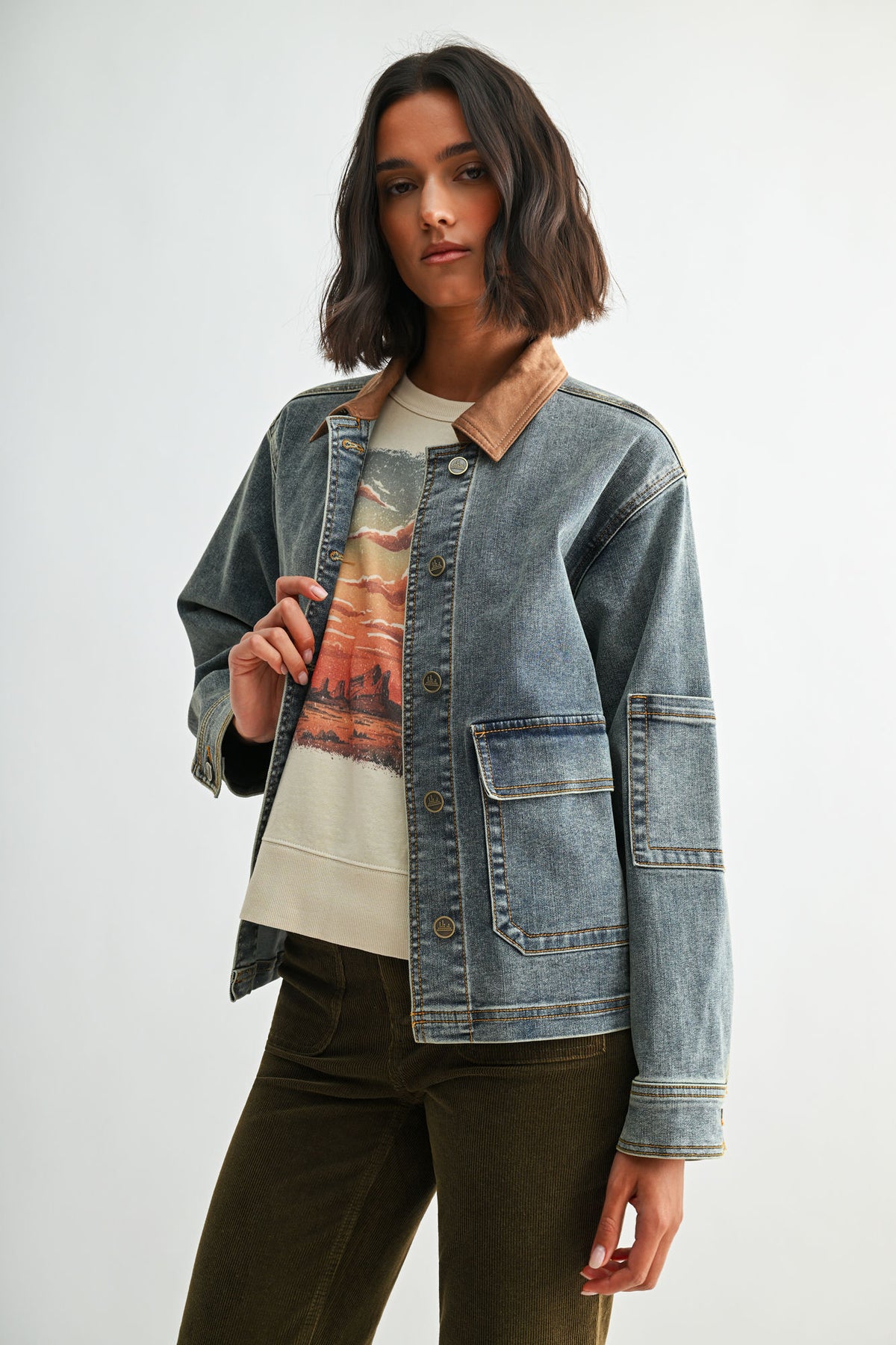 Indigo Plus-Size Denim Shacket with Suede Collar