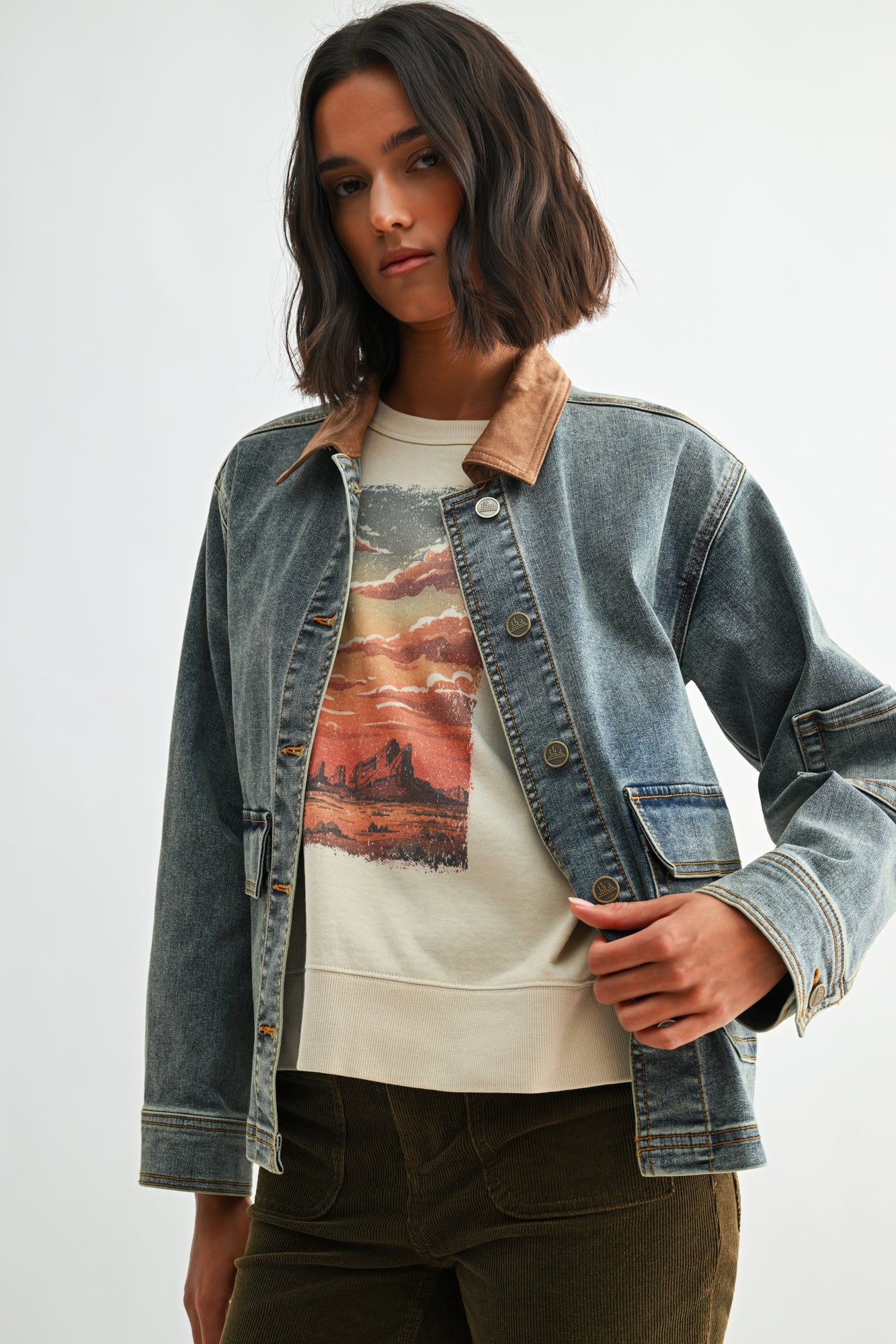 Indigo Plus-Size Denim Shacket with Suede Collar