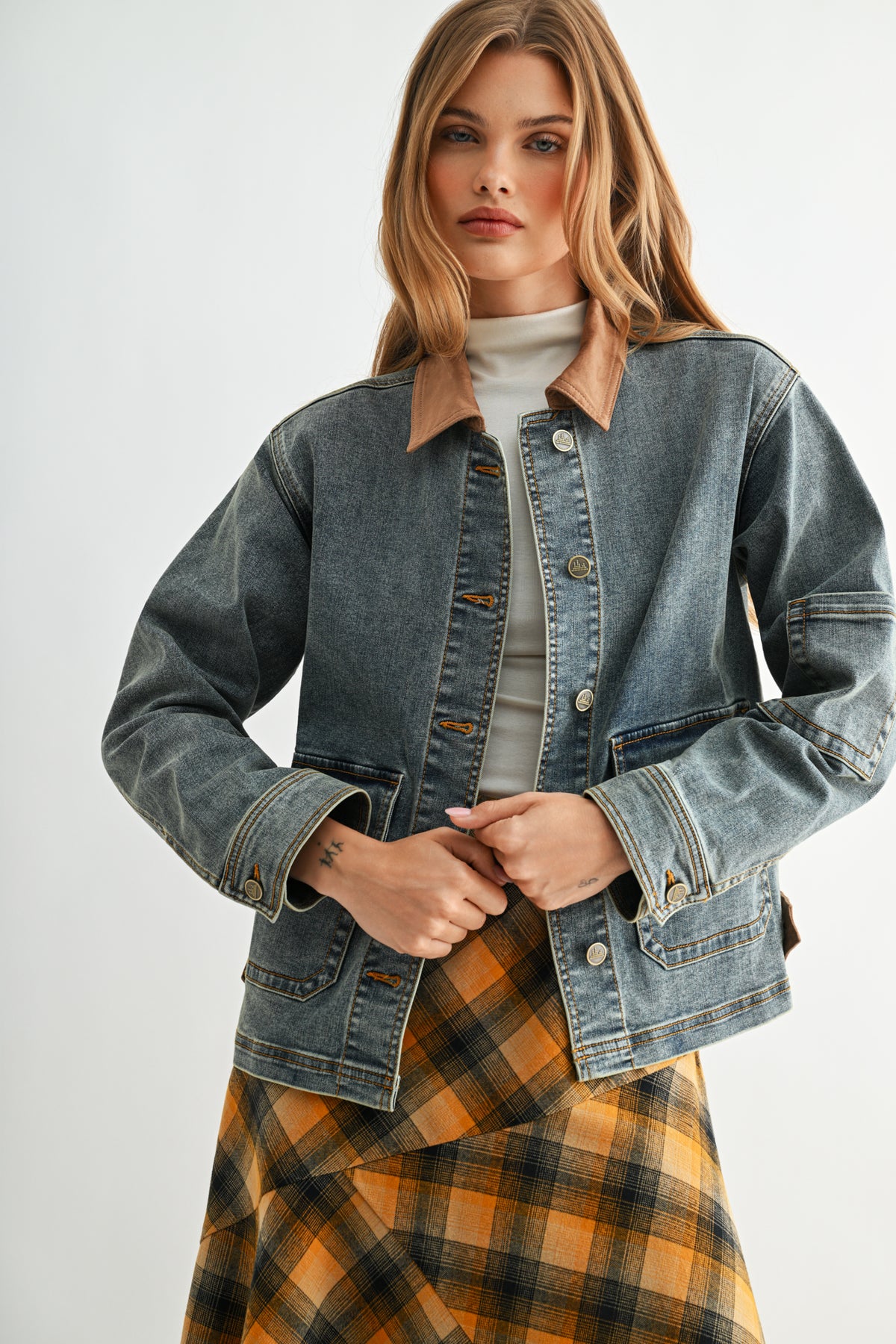 Indigo Denim Shacket with Suede Collar